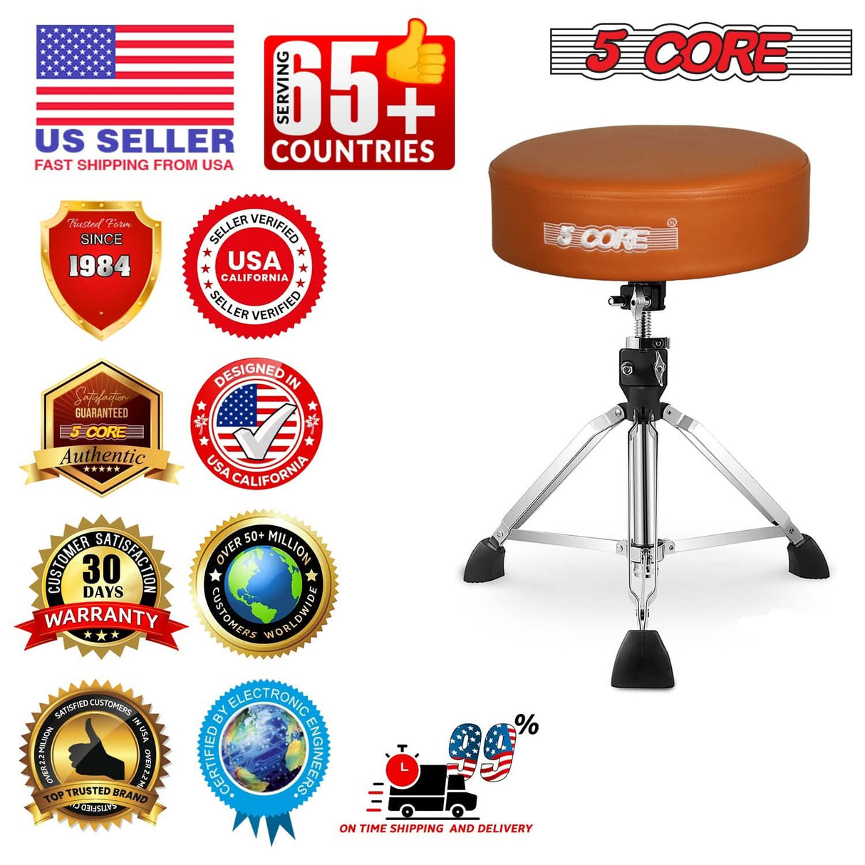 5 Core Drum Throne 4" Thick Padded Guitar Stool 441Lb Capacity 20-26” Adjustable Drummer Chair