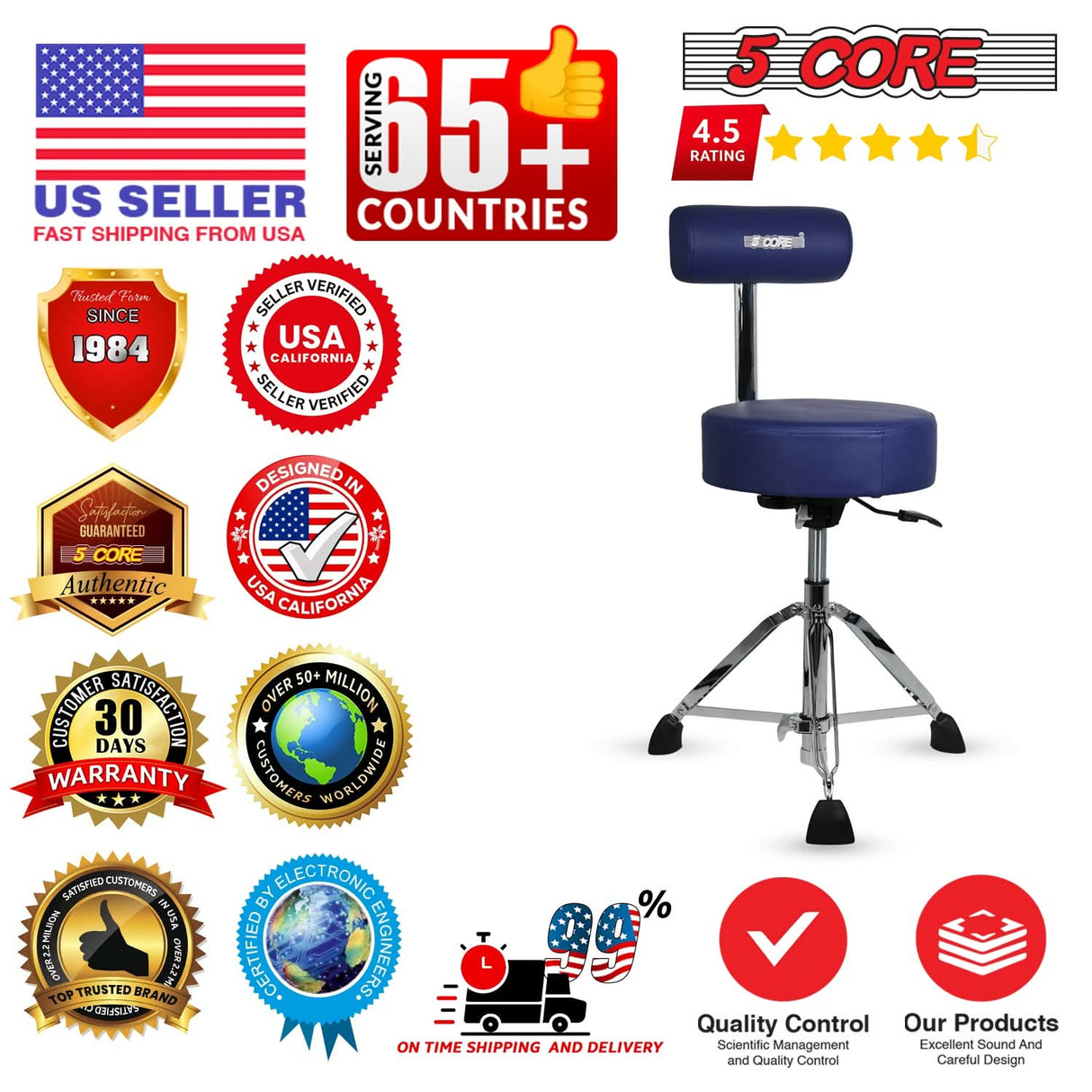 5 Core Drum Throne w Backrest 4" Padded Stool Airlift Adjustable 25.5" Drummer Chair 441Lb Capacity