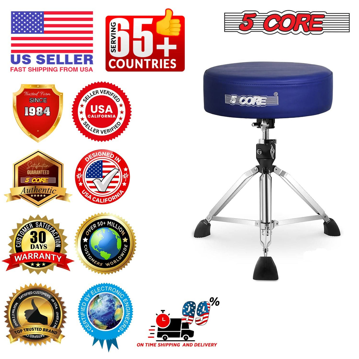 5 Core Drum Throne 4" Thick Padded Guitar Stool 441Lb Capacity 20-26” Adjustable Drummer Chair