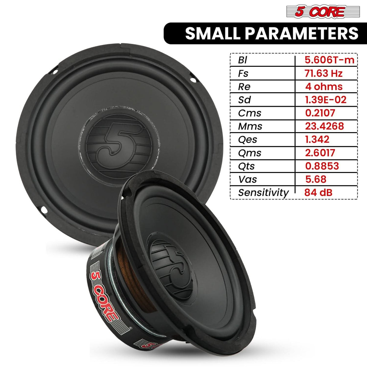 5 Core 6.5 Inch Woofer 100W Car Subwoofer 4Ohm Replacement Deep Sub w Poly Cone