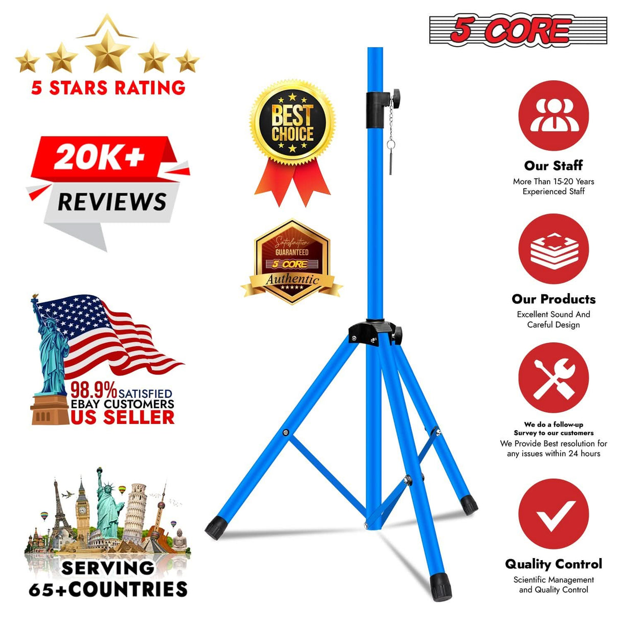 5Core Speaker Stand Tripod 2Pcs Tall Adjustable 72 Inch DJ Studio Monitor Stands Pole Mount
