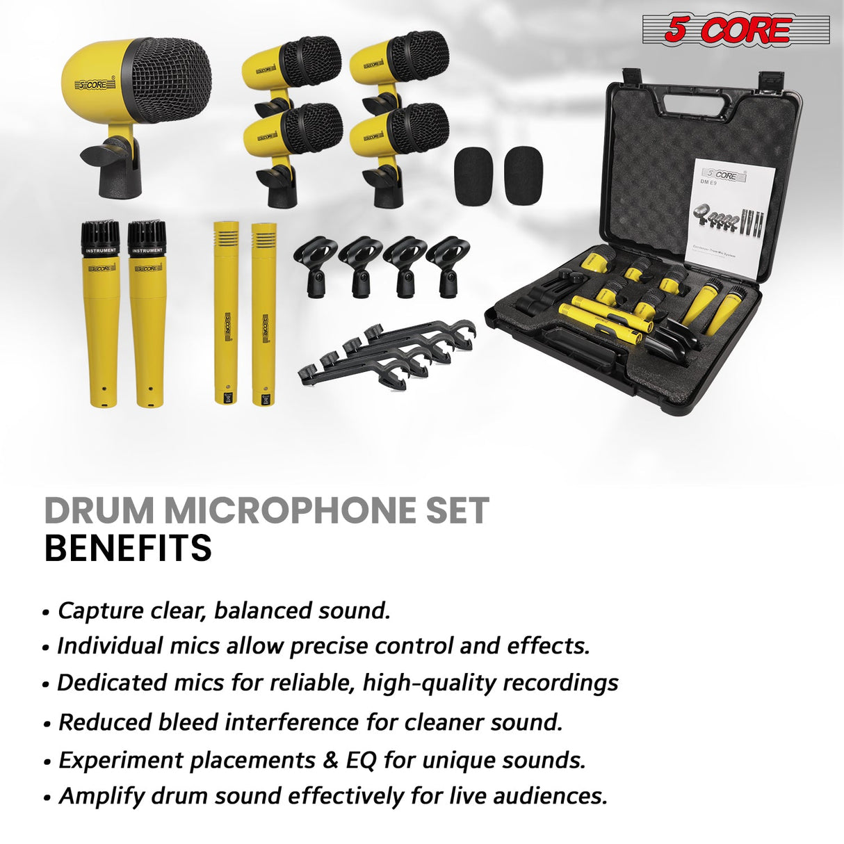5 Core Drum Microphone Kit 9Pc All Metal Drummer Mics Tom/Snare & Cymbals Wired Instrument Drums Set