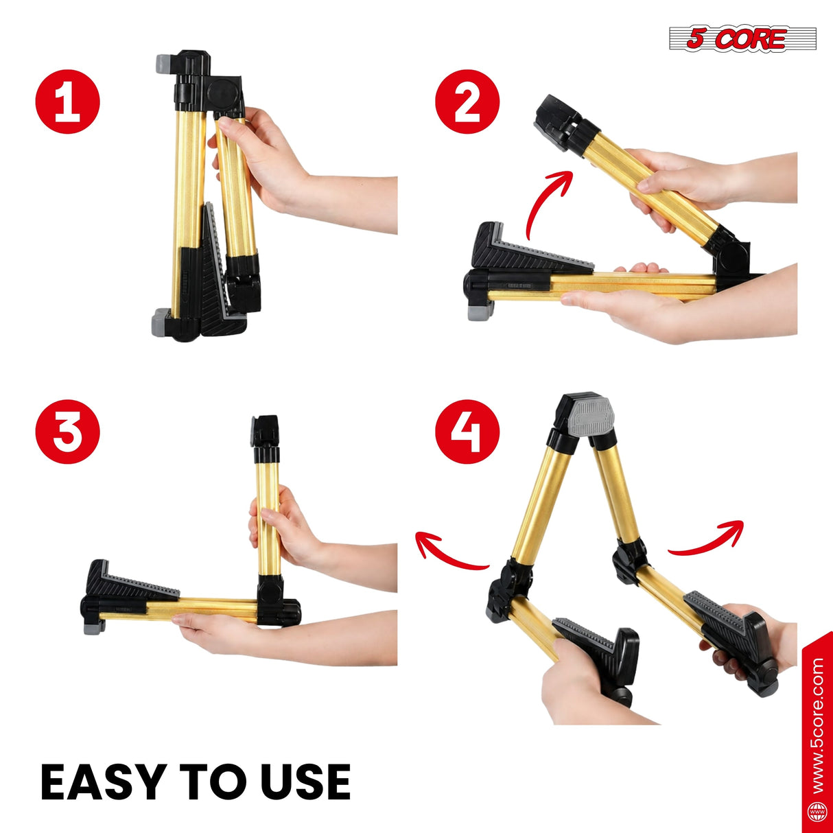 5 Core Guitar Stand Adjustable A Frame Shape w Rubber Pad Arms Supports Acoustic Electric Bass Gold