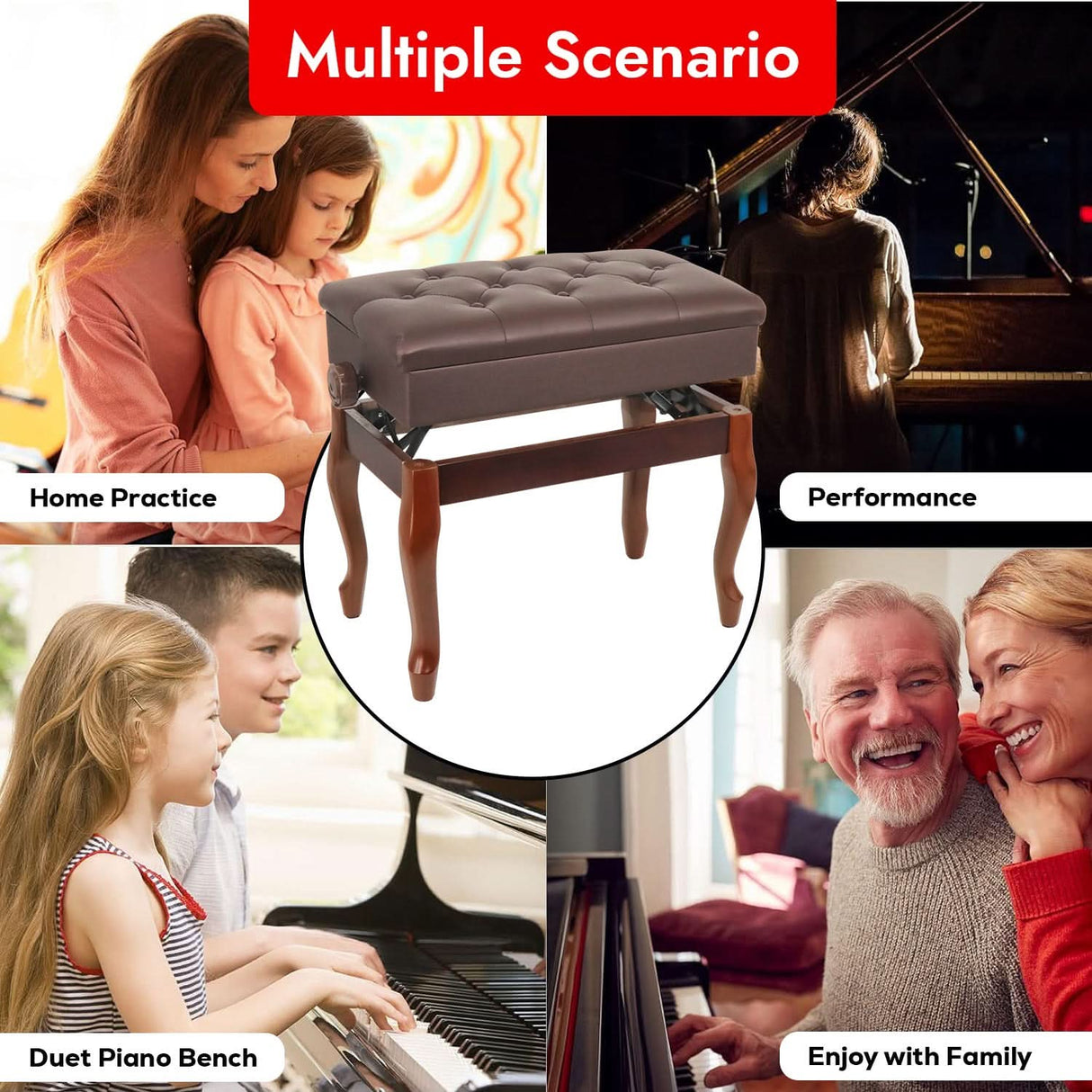 5 Core Piano Bench 3" Padded Cushioned Stool Wooden Heavy Duty Adjustable Musician Chair w Storage
