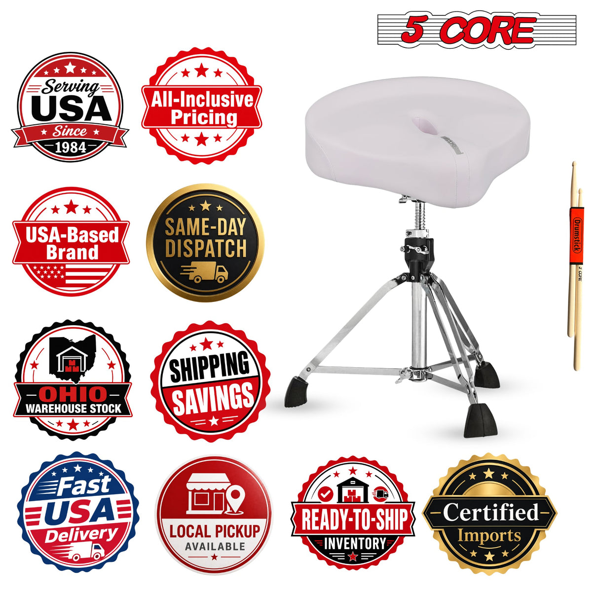 5 Core Drum Throne w 4" Padded Stool Adjustable Drummer Chair
