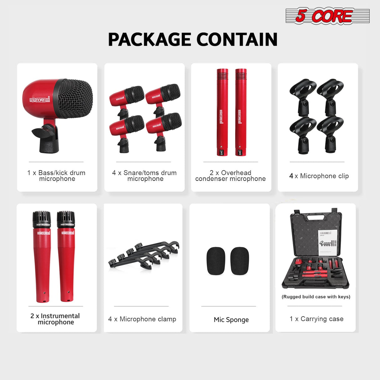 5 Core Drum Microphone Kit 9Pc All Metal Drummer Mics Tom/Snare & Cymbals Wired Instrument Drums Set