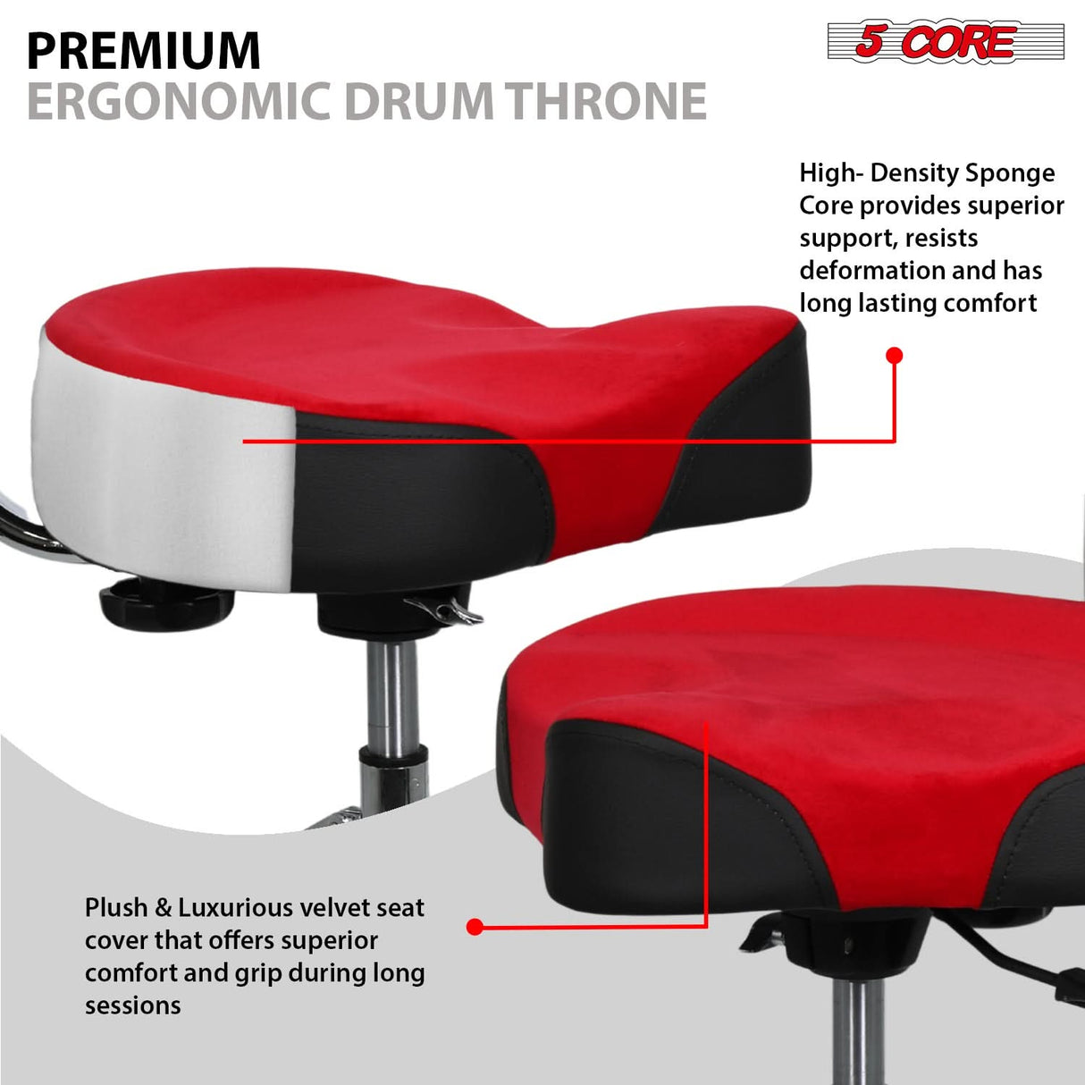 5 Core Drum Throne w Backrest 4" Padded Stool Airlift 25" Adjustable Drummer Stool 441Lb Capacity