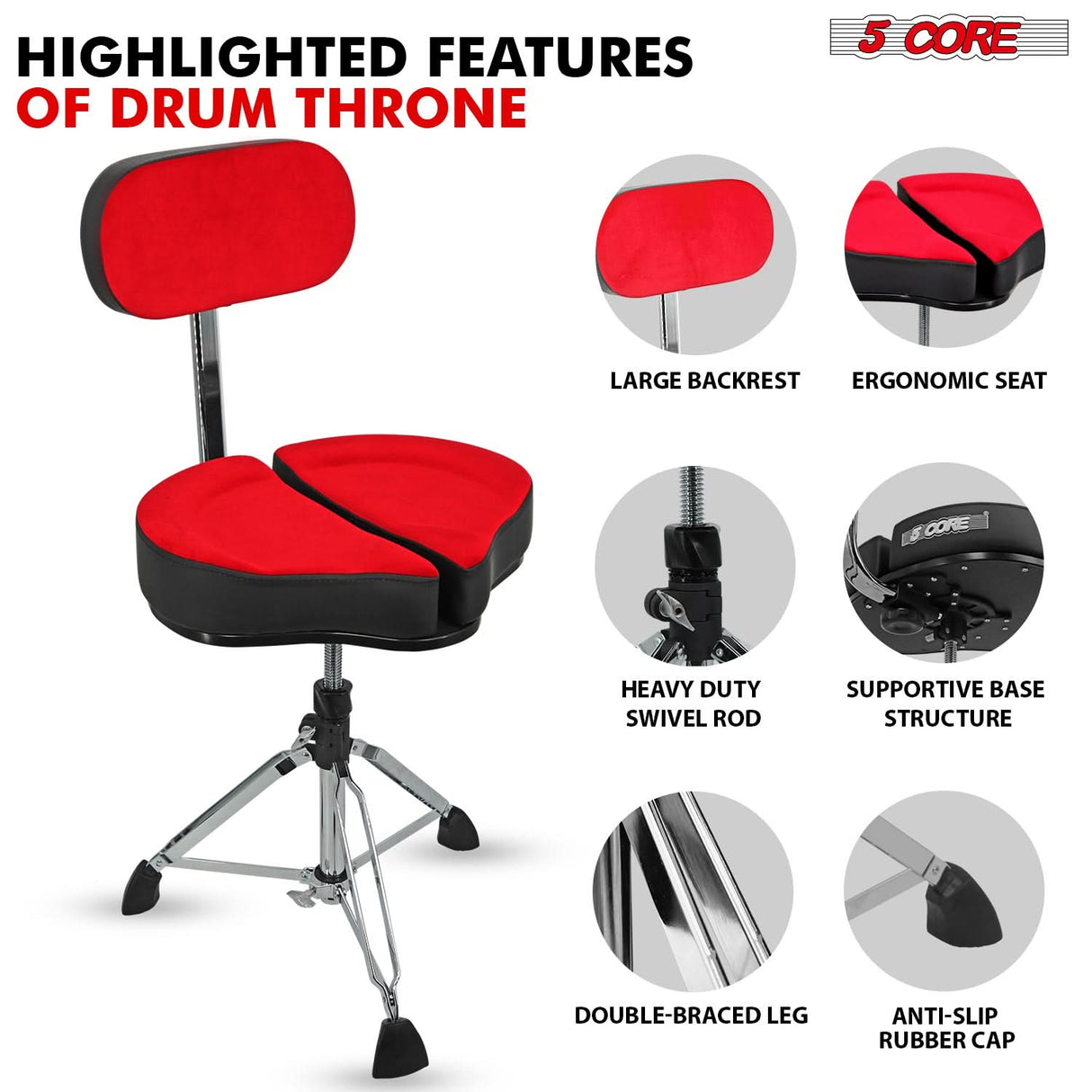 5 Core Drum Throne 5" Padded Split Spine Support 4 Legged 441Lb Capacity Stool w Backrest
