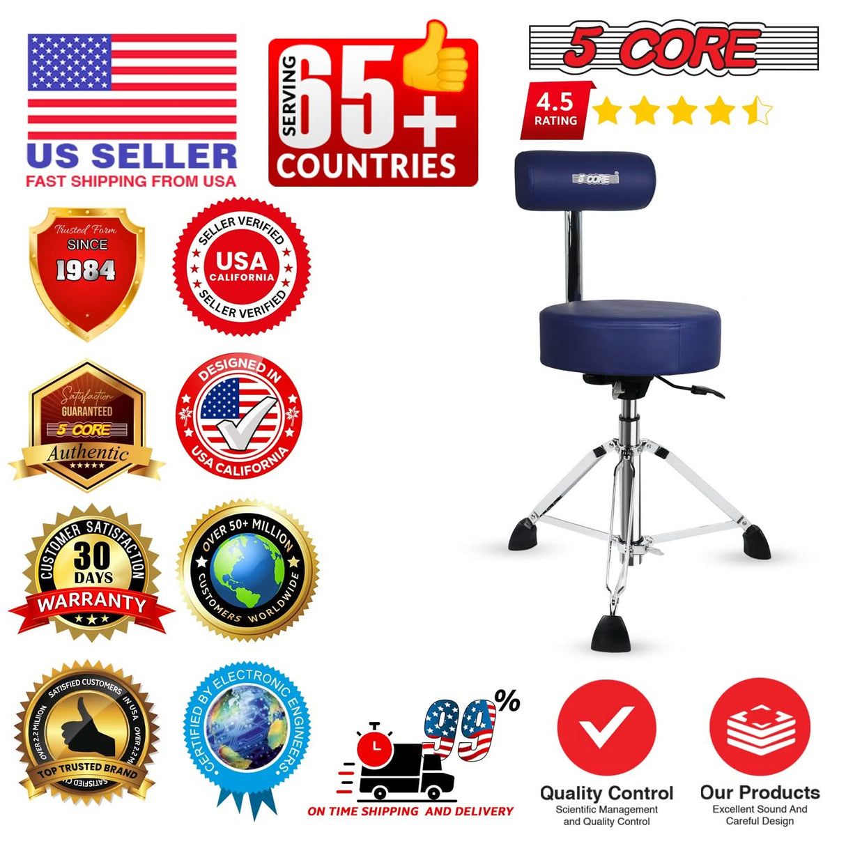5 Core Drum Throne w Backrest 4" Padded Stool Airlift Adjustable Drummer Chair