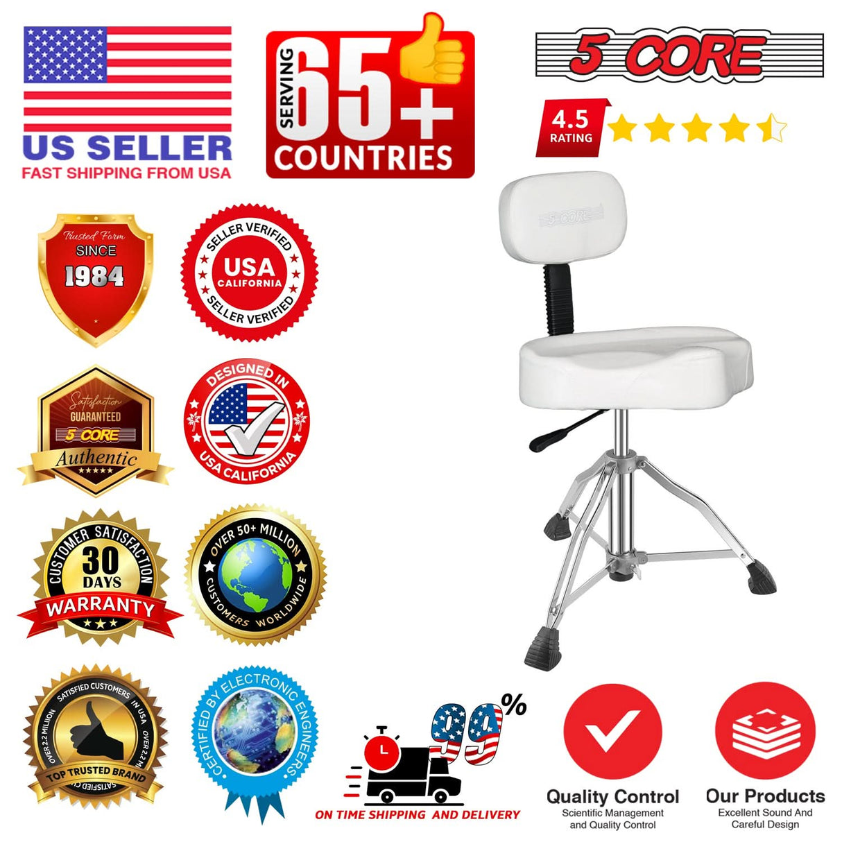 5 Core Drum Throne w Backrest 4" Padded Stool Adjustable 24.5" Drummer Chair w 441Lb Capacity