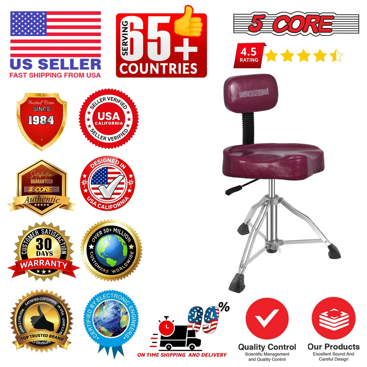 5 Core Drum Throne w Backrest 4" Padded Stool Adjustable 24.5" Drummer Chair w 441Lb Capacity
