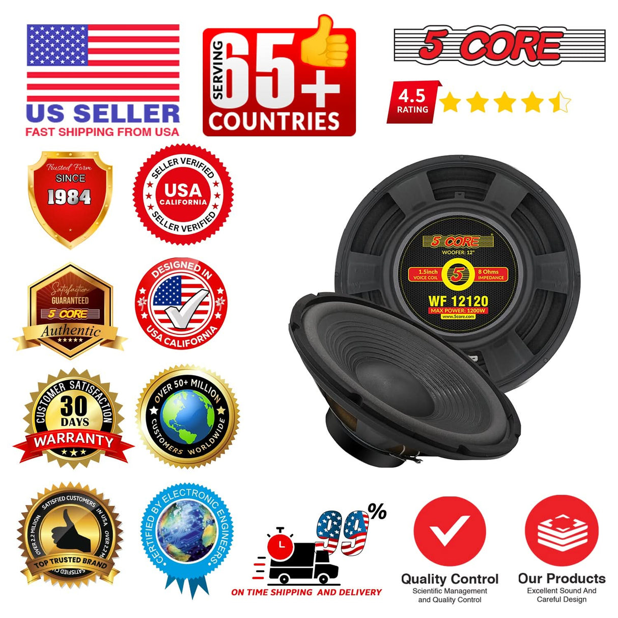 5 Core 12" Subwoofer 120W Car Audio Sub Woofer 8 Ohm Deep Bass Replacement Component Loud Speaker