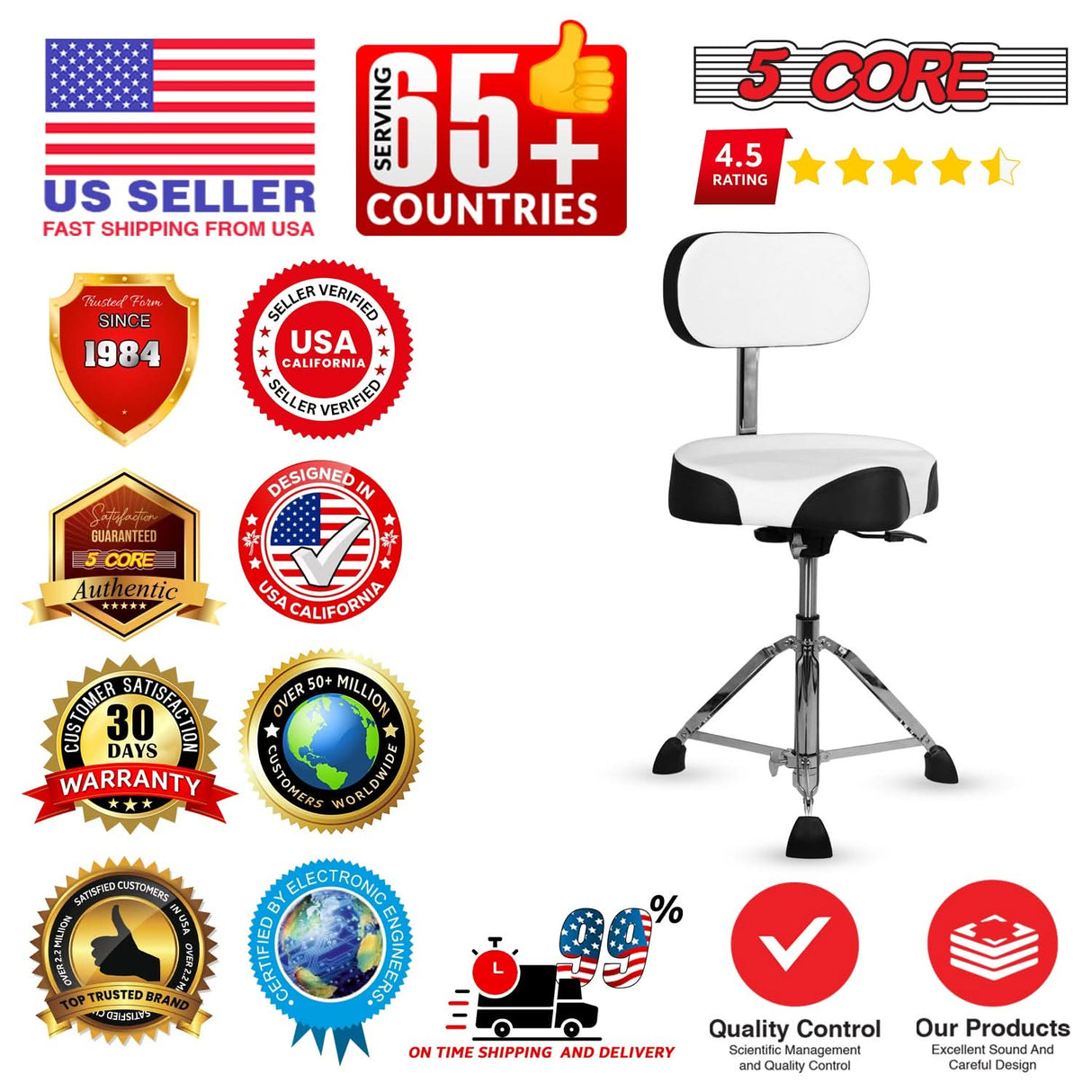 5 Core Drum Throne w Backrest 4" Padded Stool Airlift 25" Adjustable Drummer Stool 441Lb Capacity