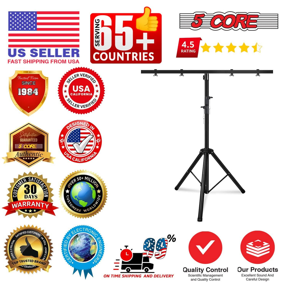 5 Core DJ Light Stand Height Adjustable 39-100" Heavy Duty Tripod Stage Lights Stands w Light T Bar