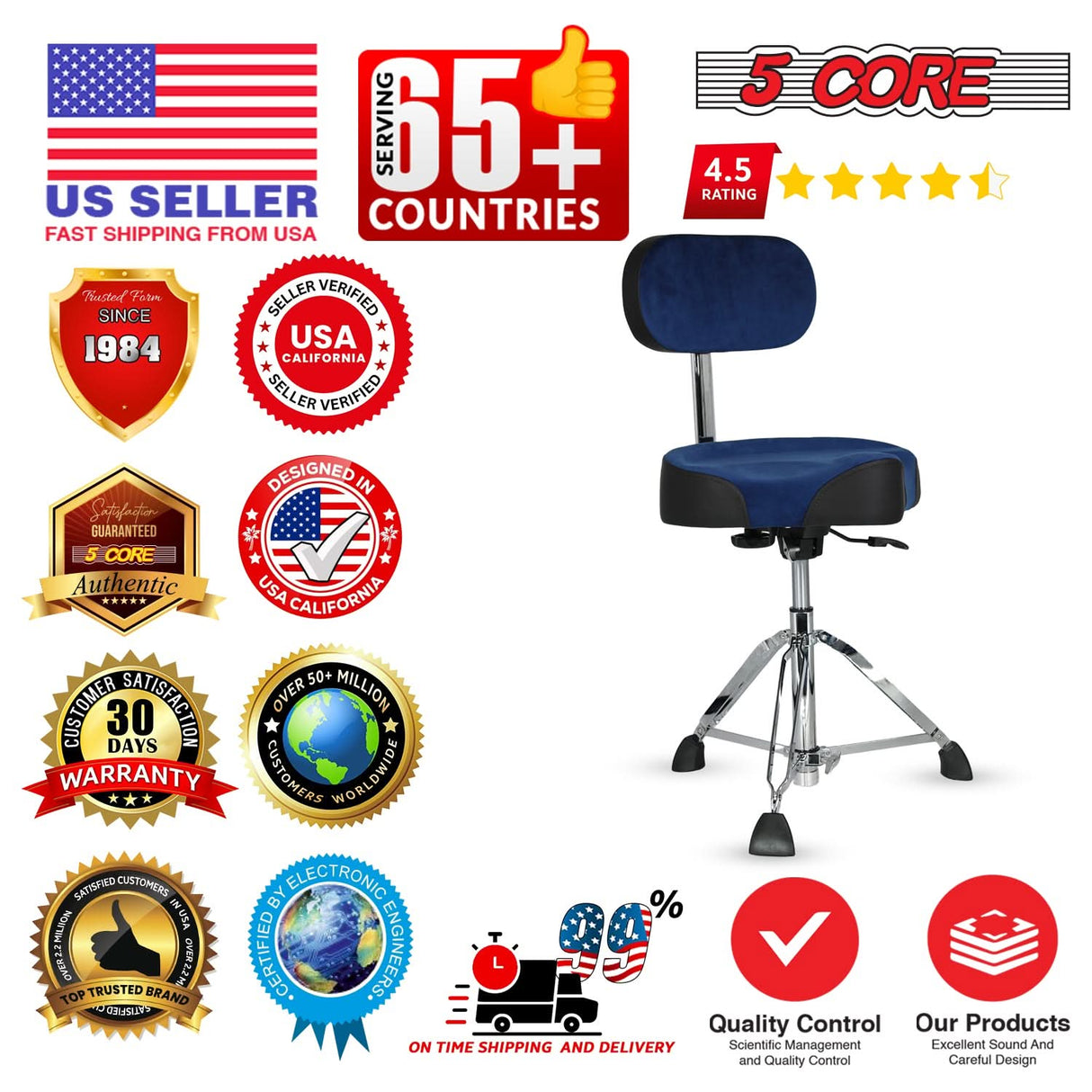 5 Core Drum Throne w Backrest 4" Padded Stool Airlift 25" Adjustable Drummer Stool 441Lb Capacity