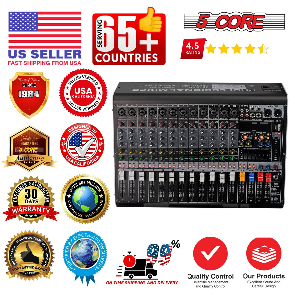 5 Core Audio Mixer 12 Channel DJ Soundboard USB Interface Bluetooth Mixing Console w 99 DSP Effect