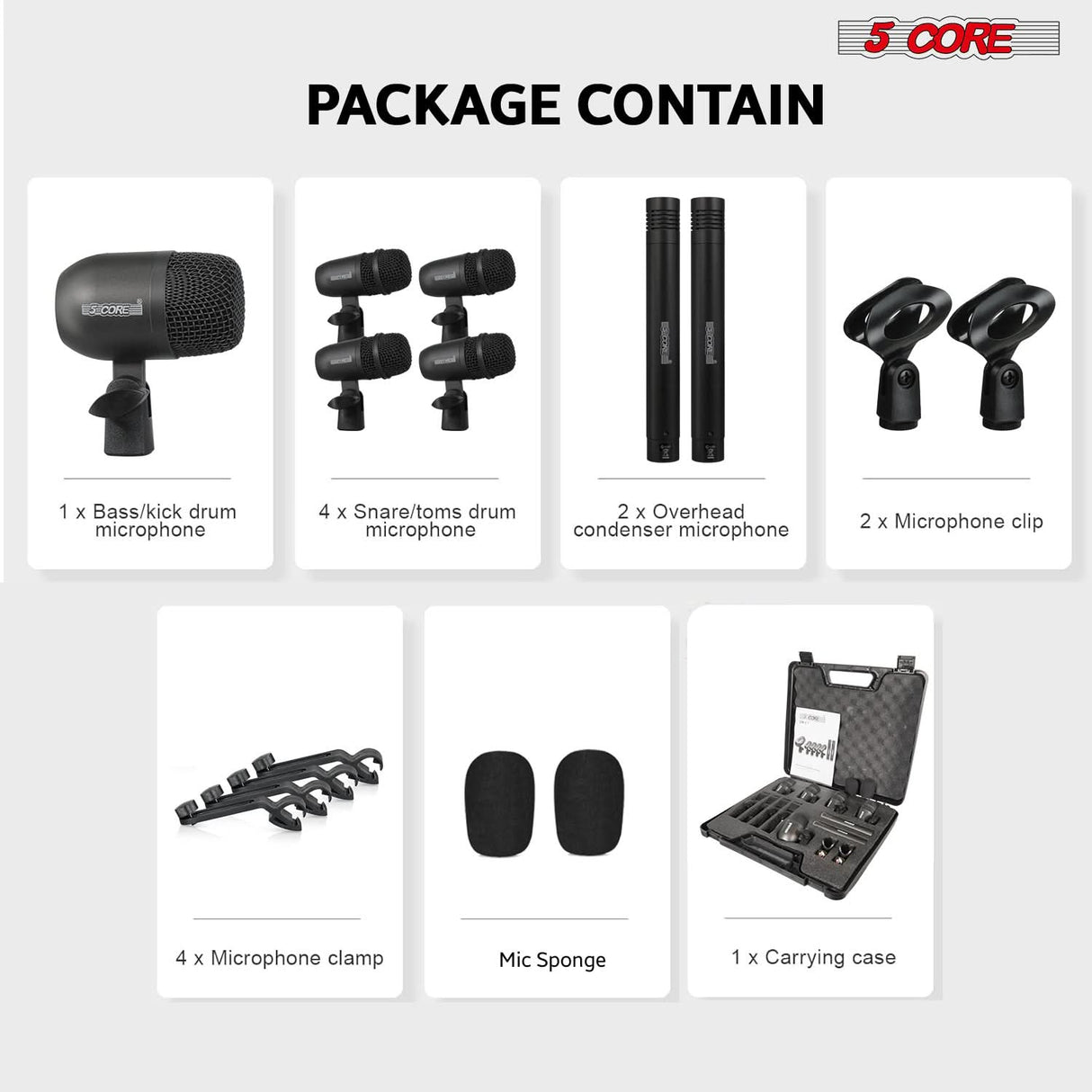 5 Core Drum Microphone Kit 7 Piece All Metal Drummer Instrument Mics Tom/Snare & Cymbals Set