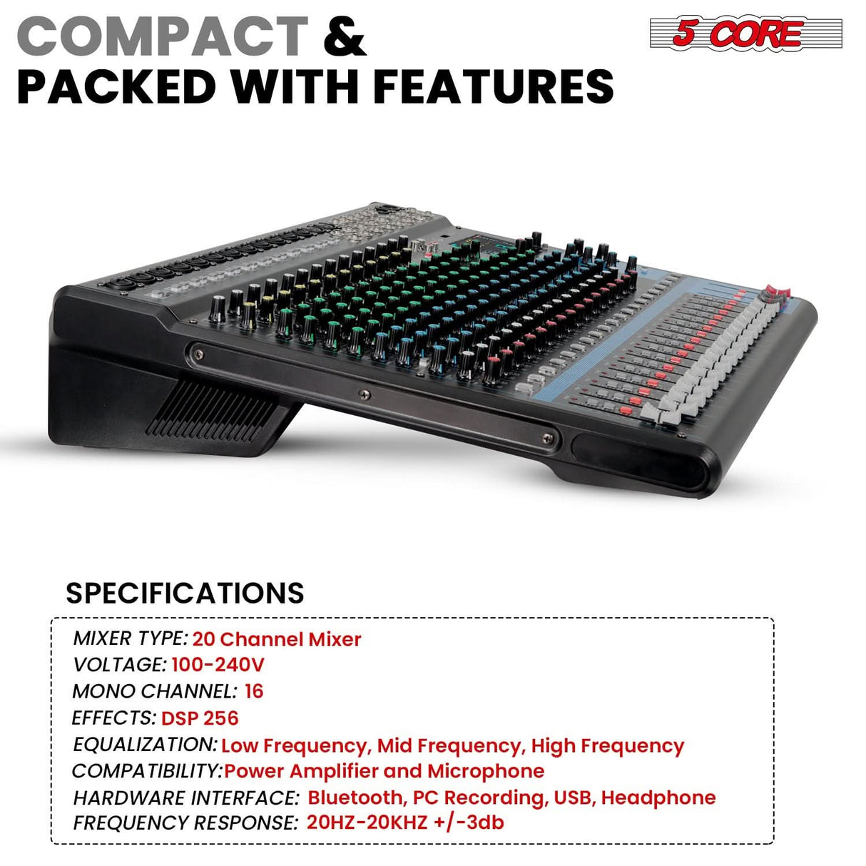 5 Core Audio Mixer 20 Channel DJ Soundboard USB Interface Bluetooth Mixing Console w 24 SPX Effect
