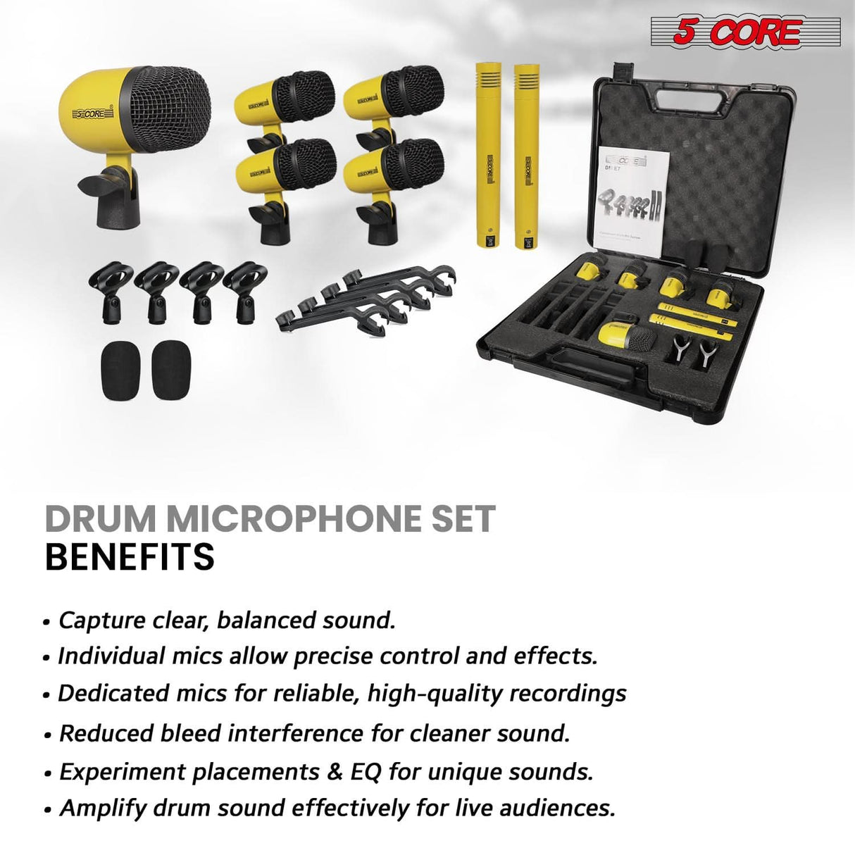 5 Core Drum Microphone Kit 7Pc All Metal Drummer Mics Tom/Snare & Cymbals Wired Instrument Drums Set