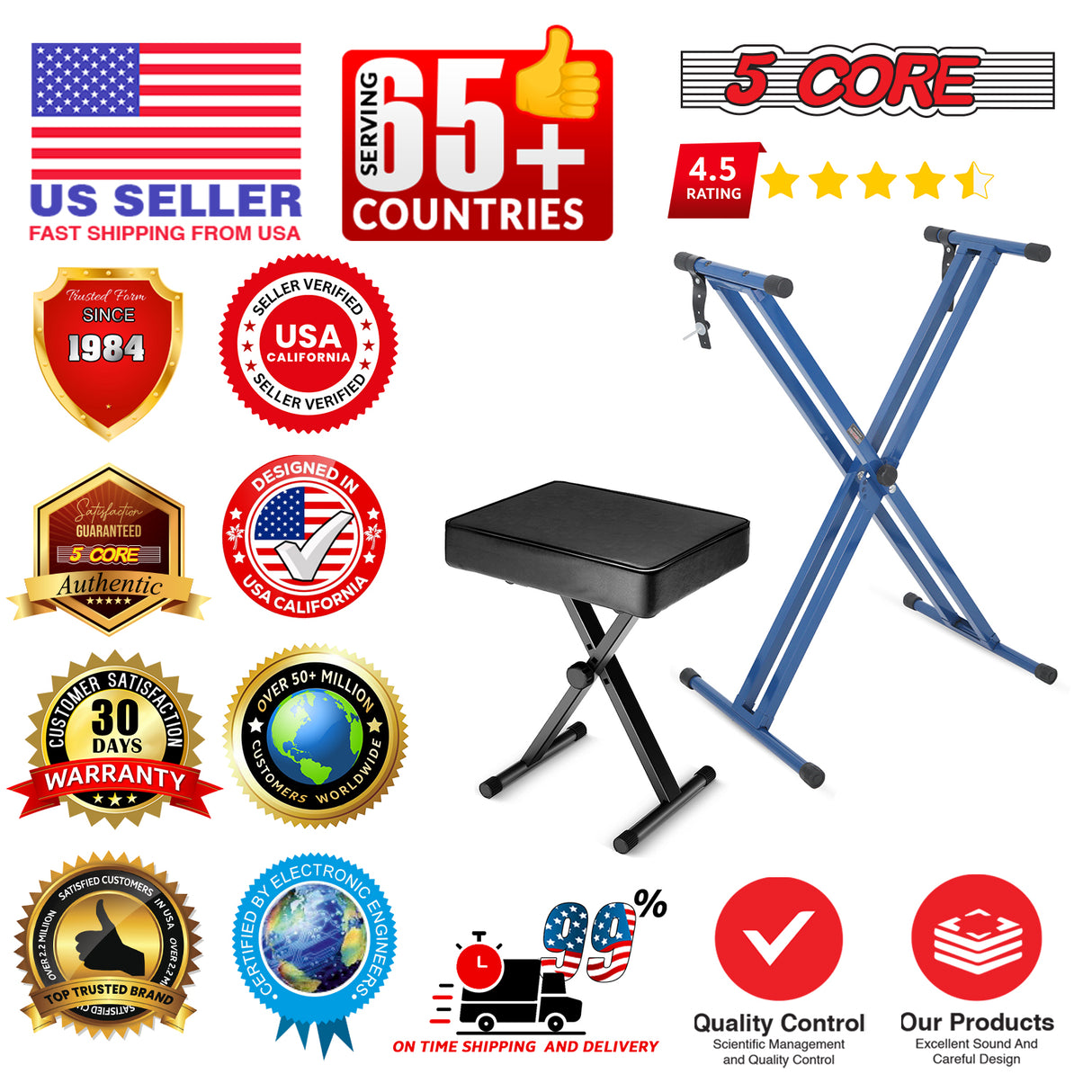 5 Core Keyboard Stand Piano Bench Combo Adjustable Key Board Stands 3" Padded Musician Chair Set