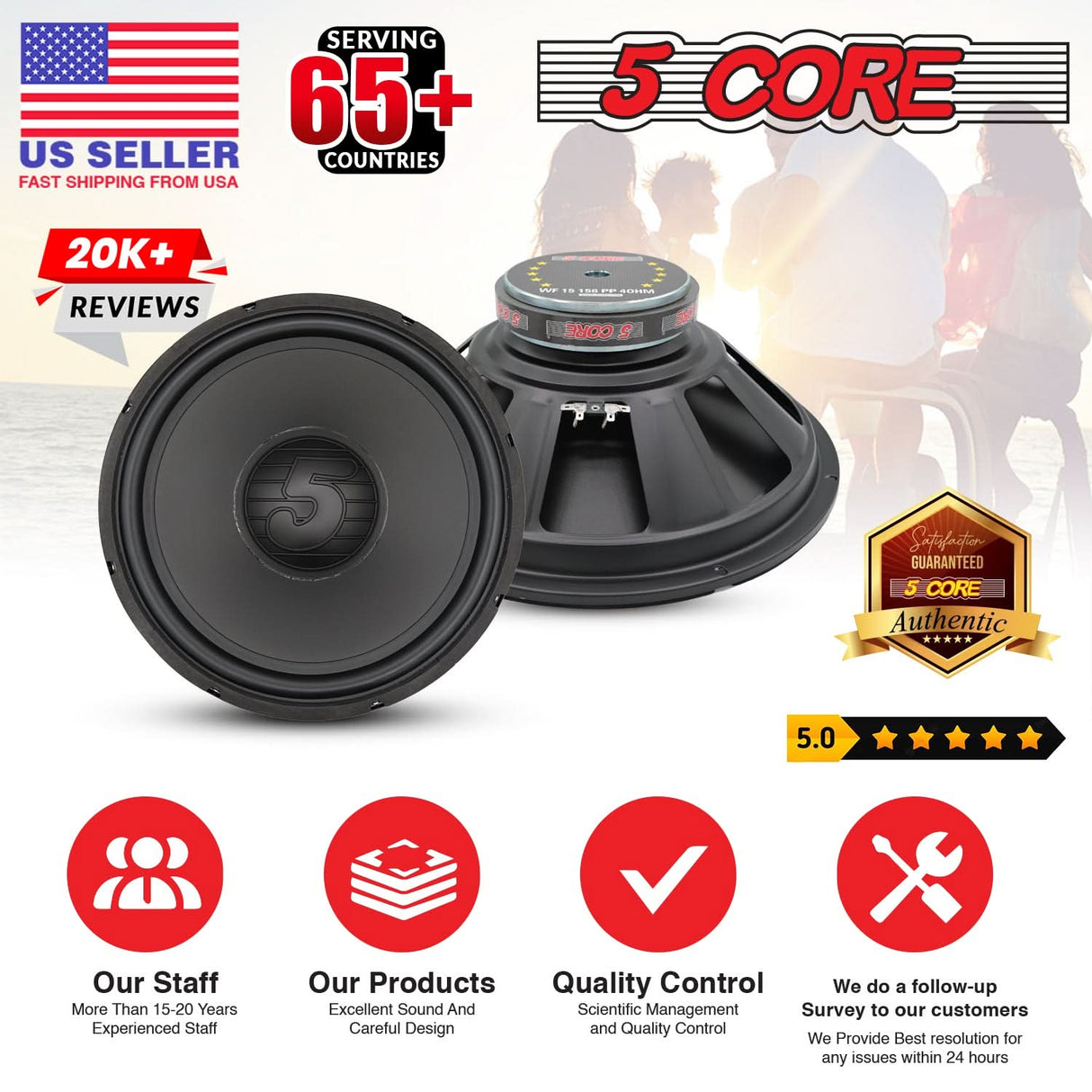 5 Core 15 Inch Woofer 500W Car Subwoofer 4Ohm Replacement Deep Sub w Poly Cone