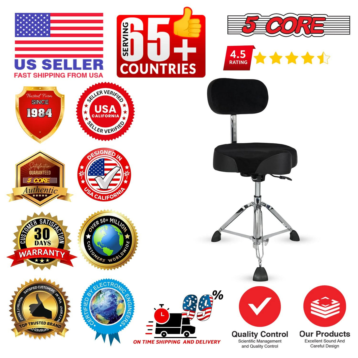 5 Core Drum Throne w Backrest 4" Padded Stool Airlift 25" Adjustable Drummer Stool 441Lb Capacity