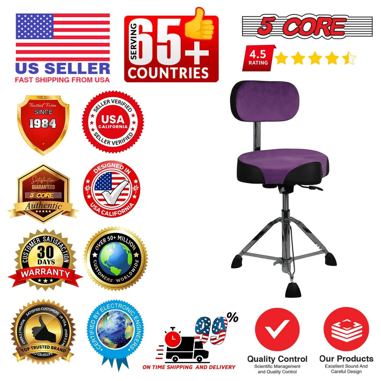 5 Core Drum Throne w Backrest 4" Padded Stool Airlift 25" Adjustable Drummer Stool 441Lb Capacity