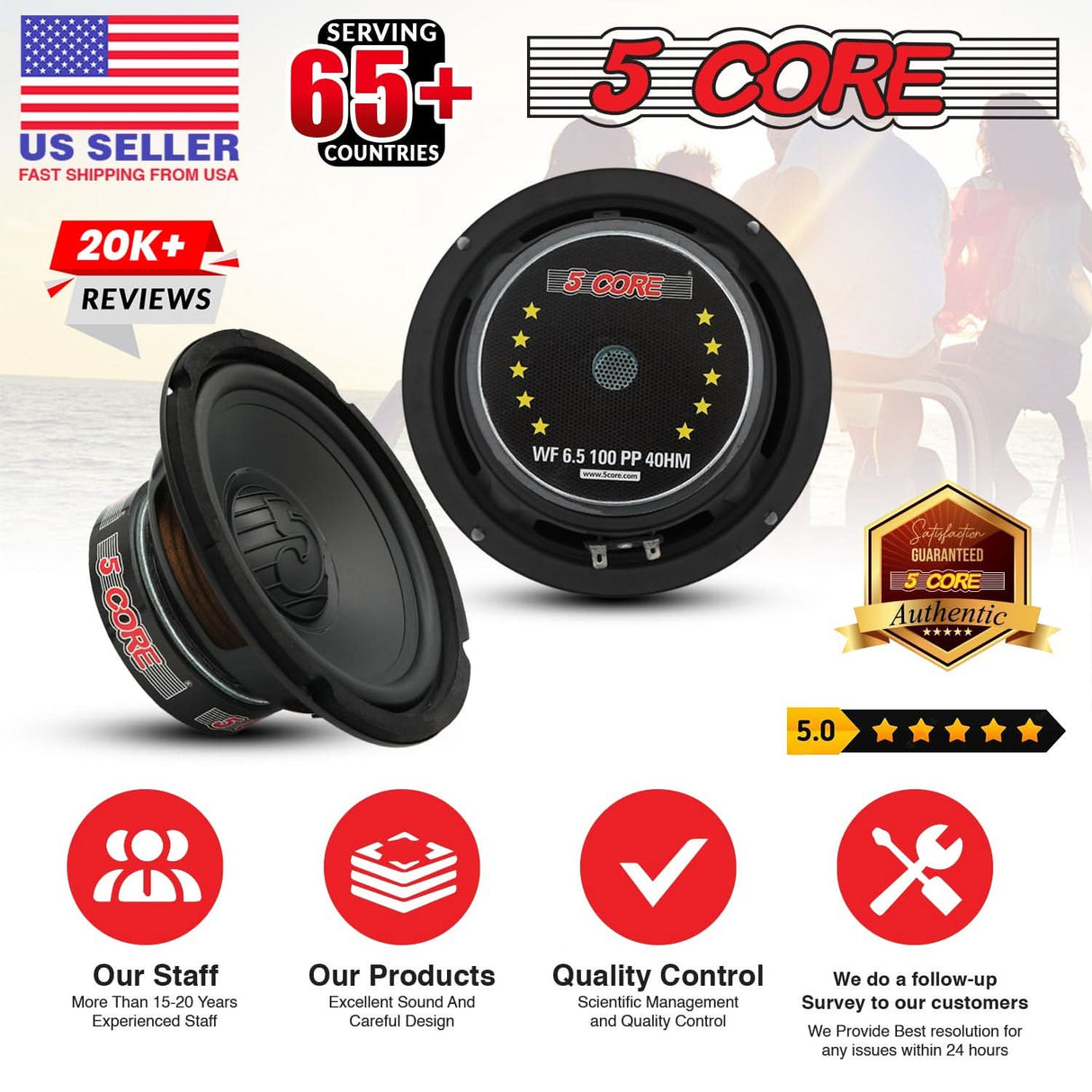 5 Core 6.5 Inch Woofer Pair 100W Car Subwoofer 4Ohm Replacement Deep Sub w Poly Cone