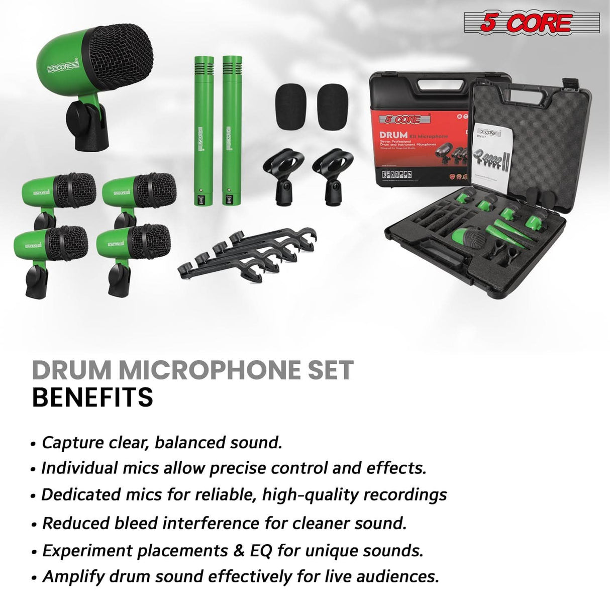 5 Core Drum Microphone Kit 7Pc All Metal Drummer Mics Tom/Snare & Cymbals Wired Instrument Drums Set