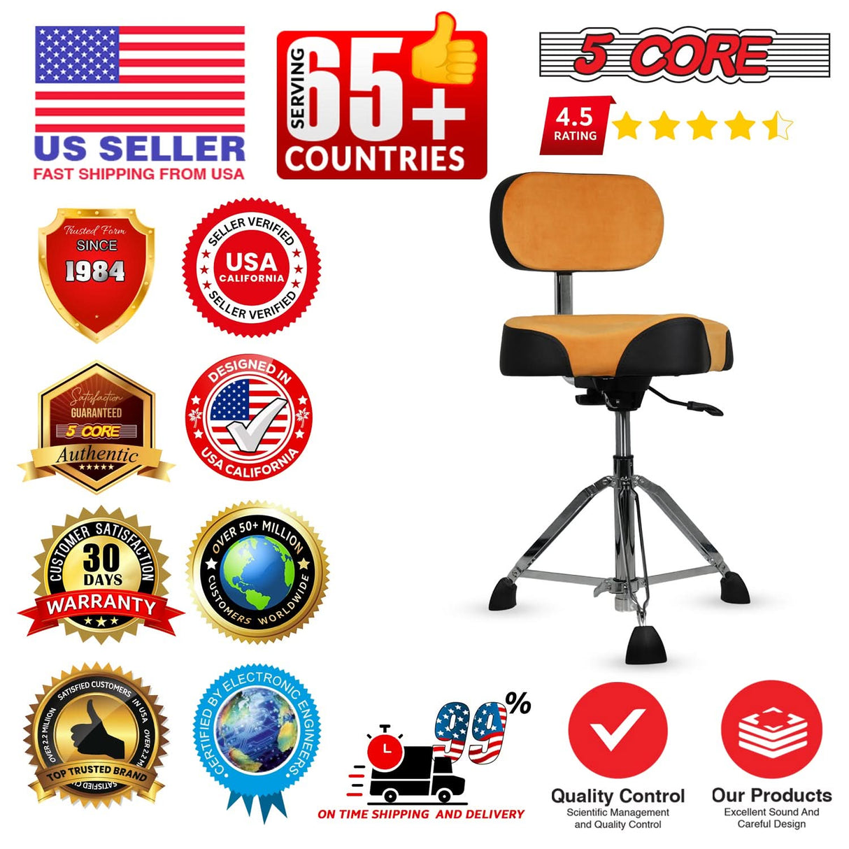5 Core Drum Throne w Backrest 4" Padded Stool Airlift 25" Adjustable Drummer Stool 441Lb Capacity