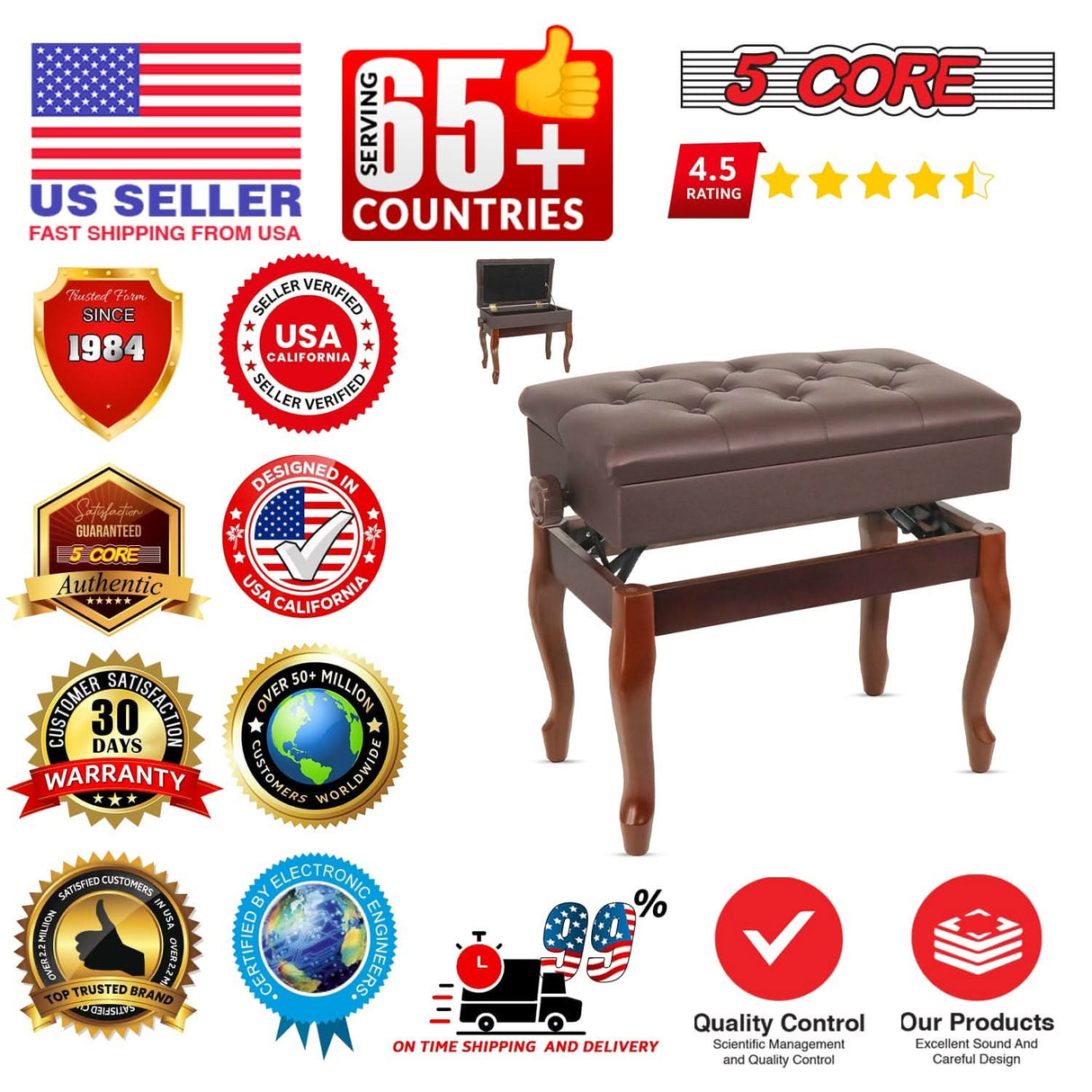 5 Core Piano Bench 3" Padded Cushioned Stool Wooden Heavy Duty Adjustable Musician Chair w Storage