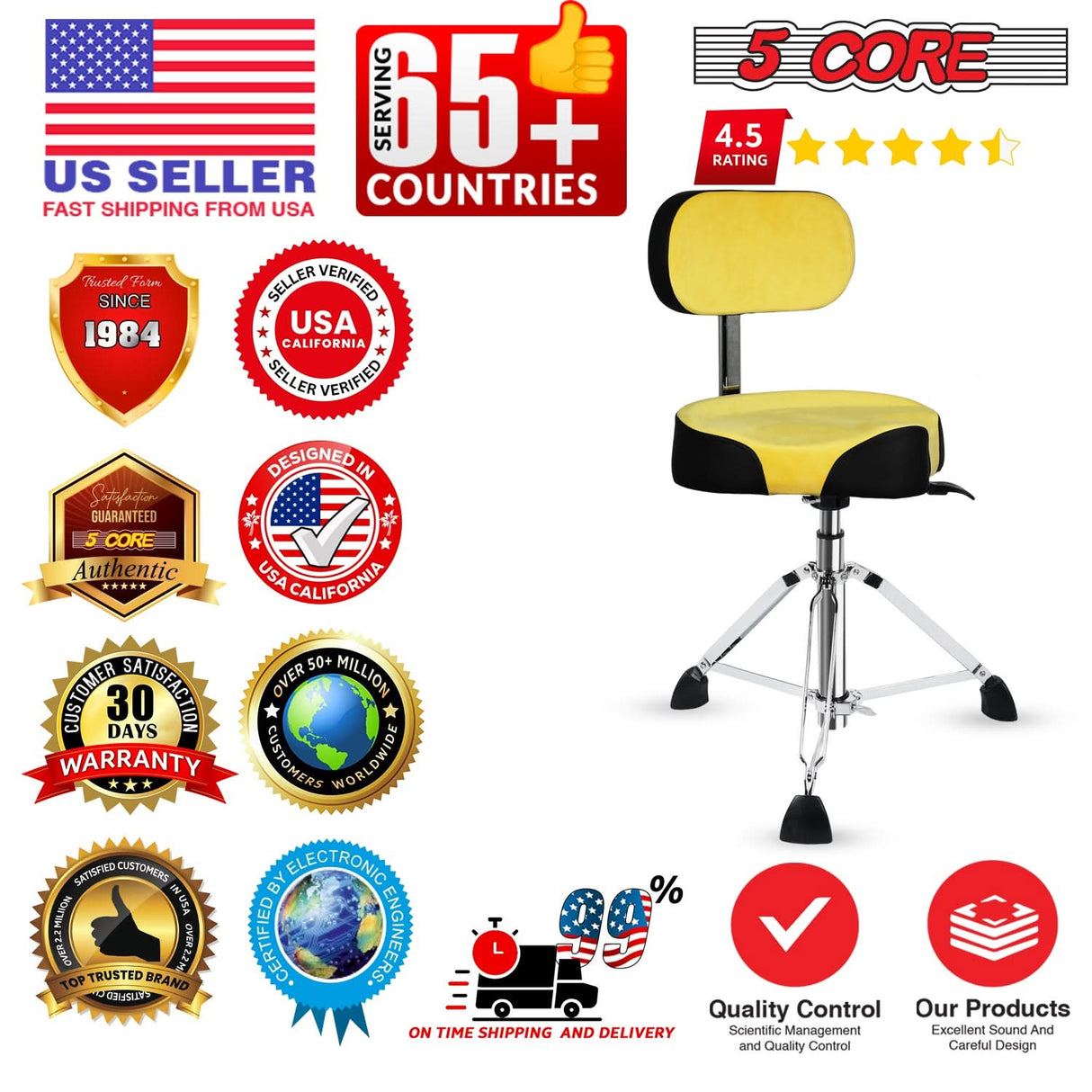 5 Core Drum Throne 4" Padded Seat w Backrest Airlift Adjustable Chair Ergonomic Drummer Stool