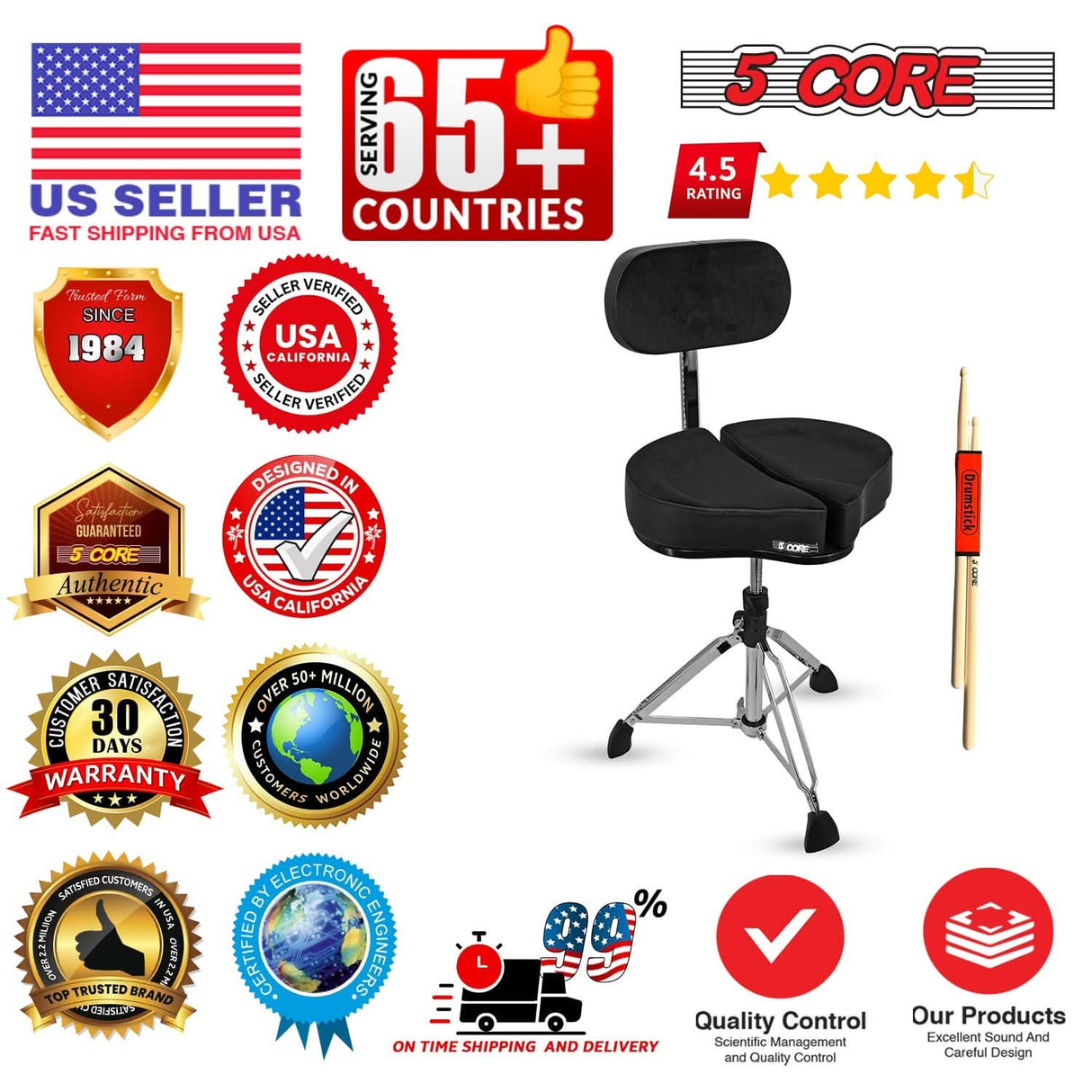 5Core Drum Throne Padded Guitar Stool Backrest Drummer Seat for Adults & Kids