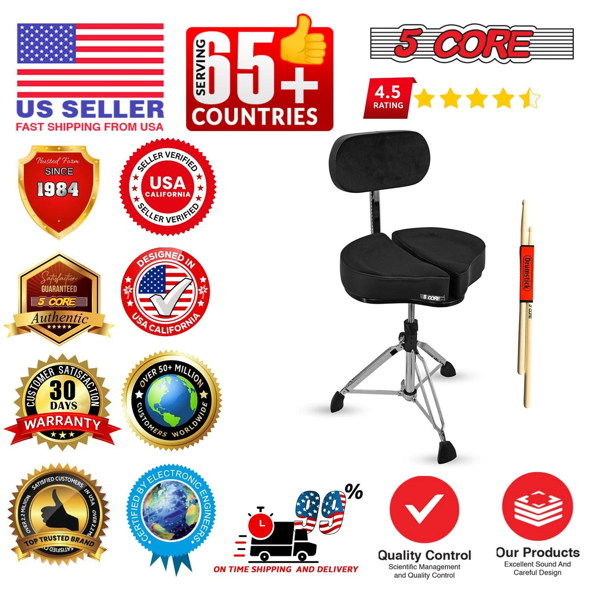 5 Core Drum Throne 5" Padded Split Spine Support 4 Legged 441Lb Capacity Stool w Backrest