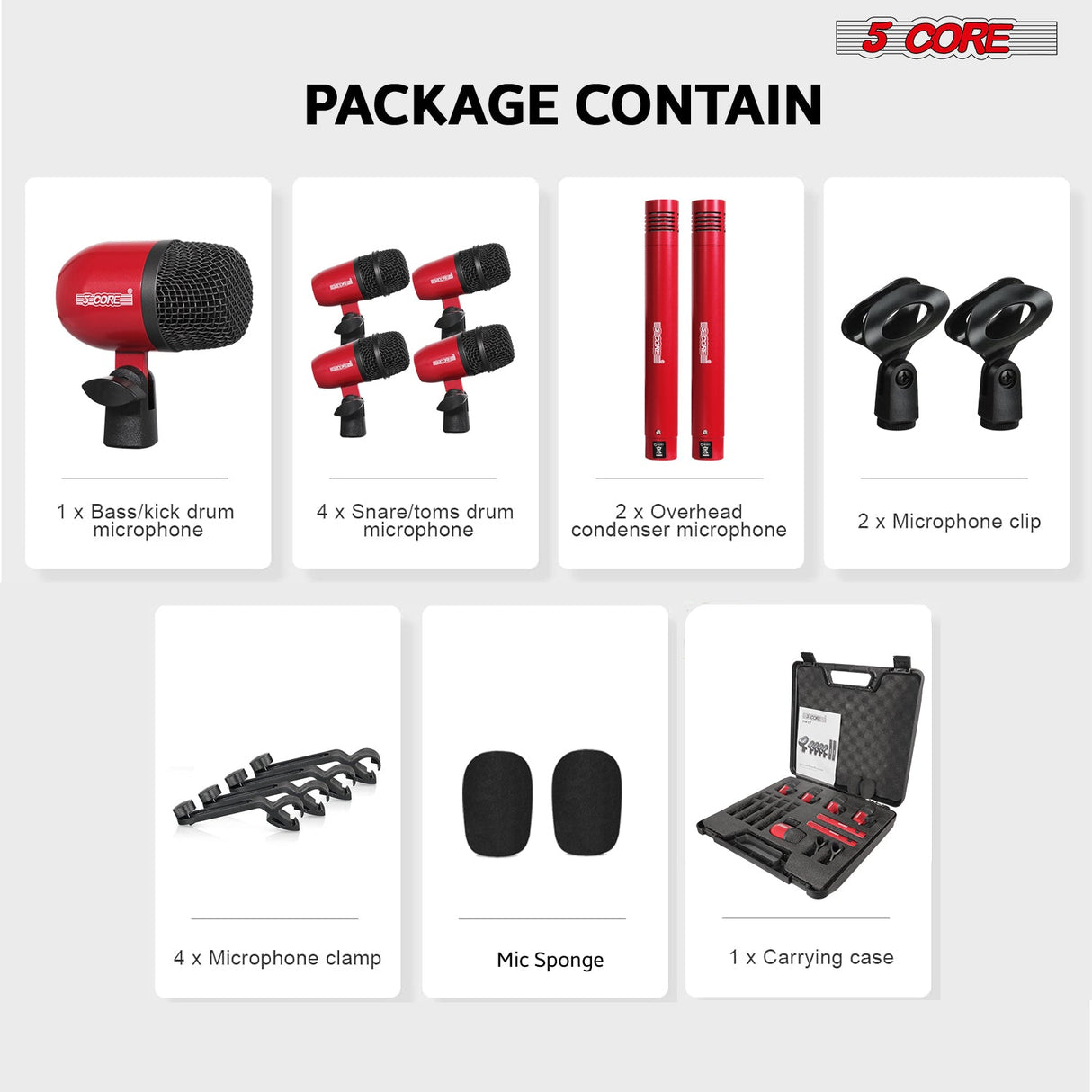 5 Core Drum Microphone Kit 7Pc All Metal Drummer Mics Tom/Snare & Cymbals Wired Instrument Drums Set