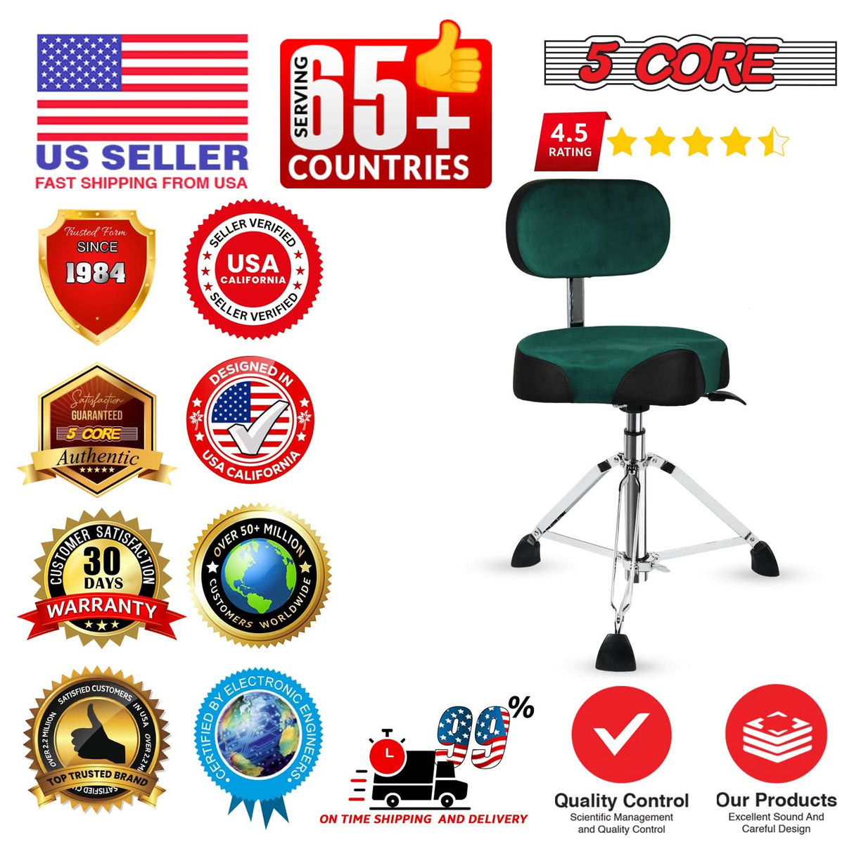 5 Core Drum Throne 4" Padded Seat w Backrest Airlift Adjustable Chair Ergonomic Drummer Stool