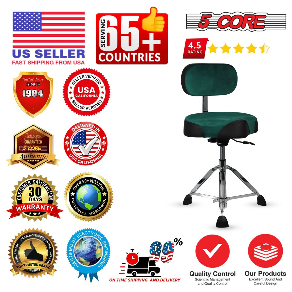 5 Core Drum Throne w Backrest 4" Padded Stool Airlift 25" Adjustable Drummer Stool 441Lb Capacity