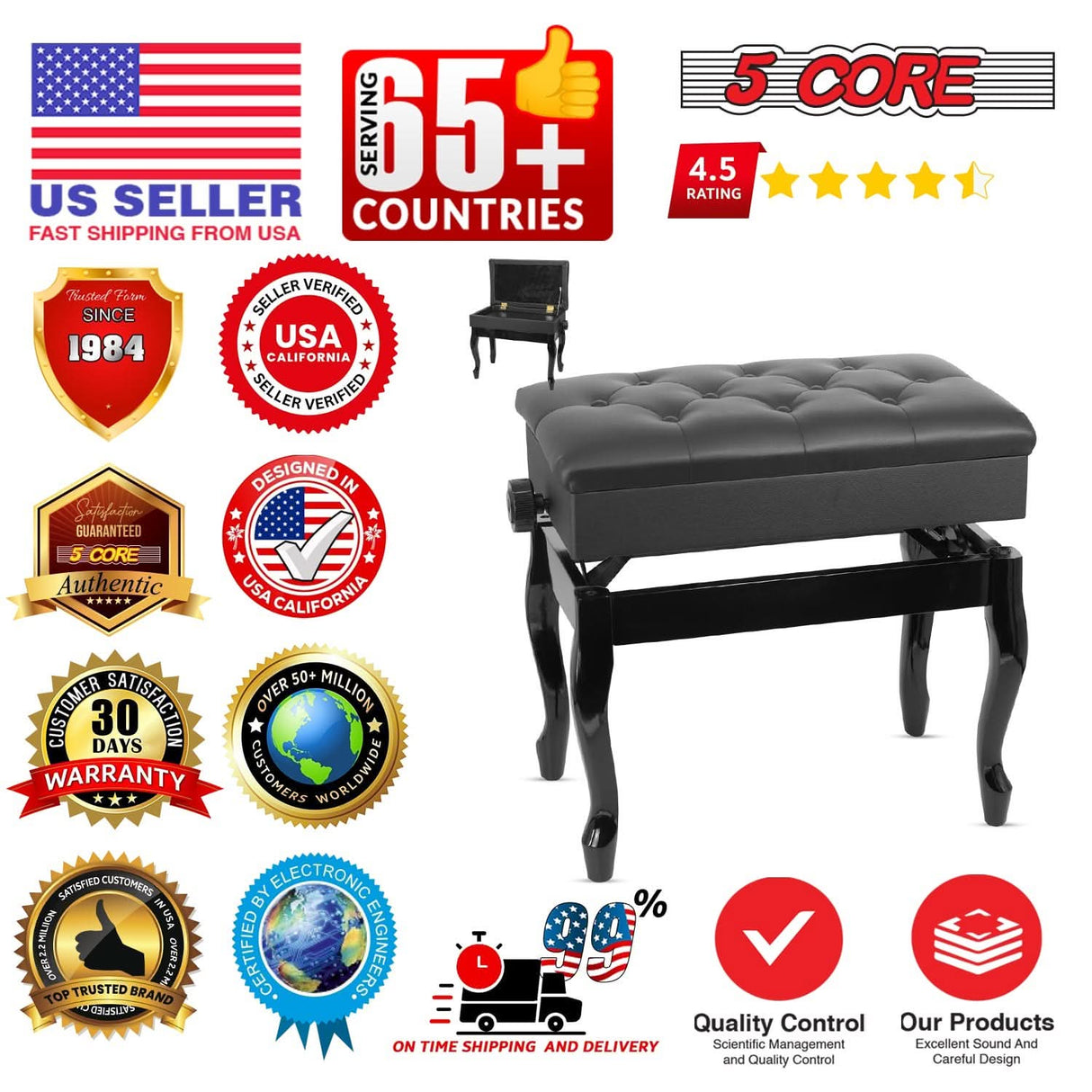 5 Core Piano Bench 3" Padded Cushioned Stool Wooden Heavy Duty Adjustable Musician Chair w Storage