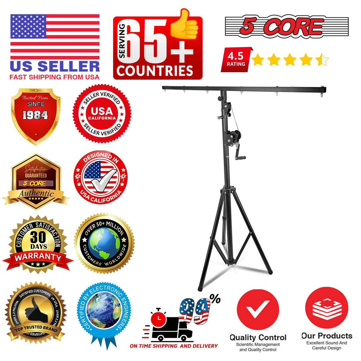 5Core DJ Light Stand Stage Lighting Truss System Hand Crank Up Height Adjustable 65.5 to 111"