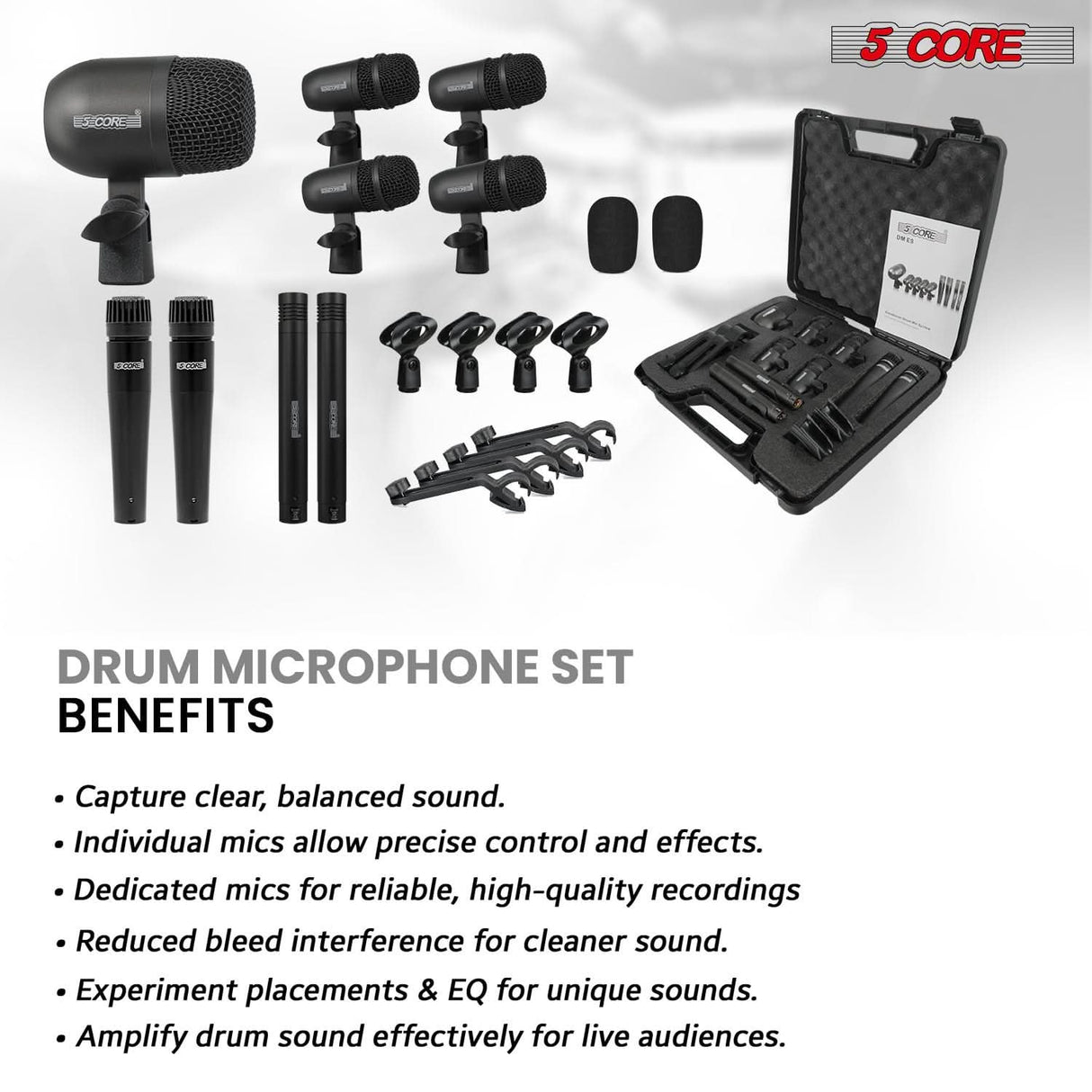5 Core Drum Microphone Kit 9Pc All Metal Drummer Mics Tom/Snare & Cymbals Wired Instrument Drums Set