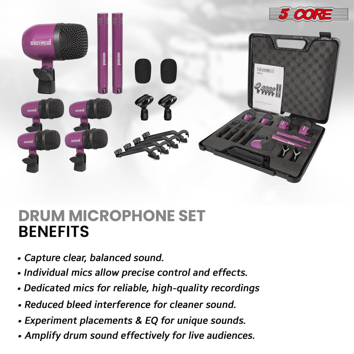 5 Core Drum Microphone Kit 7Pc All Metal Drummer Mics Tom/Snare & Cymbals Wired Instrument Drums Set