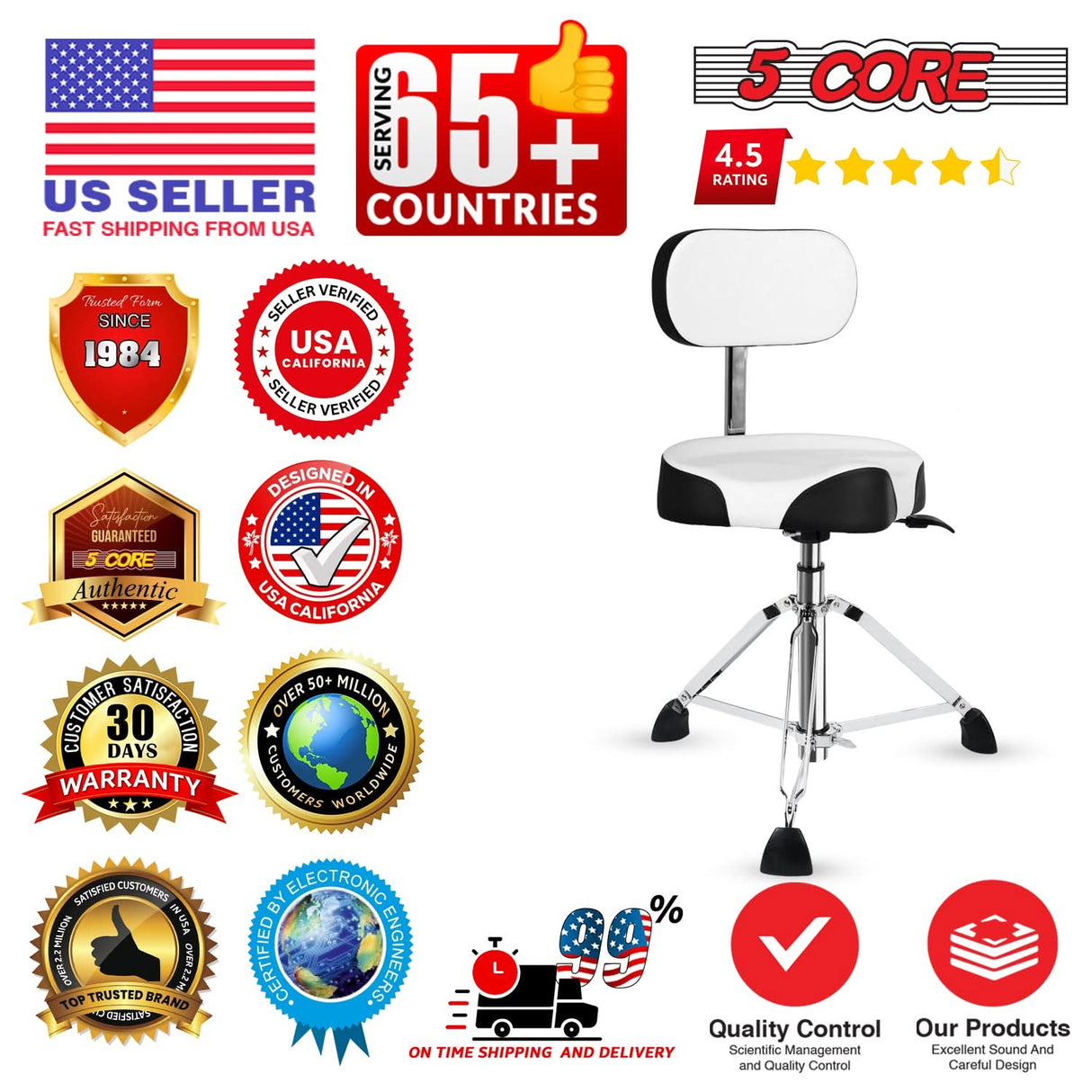 5 Core Drum Throne 4" Padded Seat w Backrest Airlift Adjustable Chair Ergonomic Drummer Stool