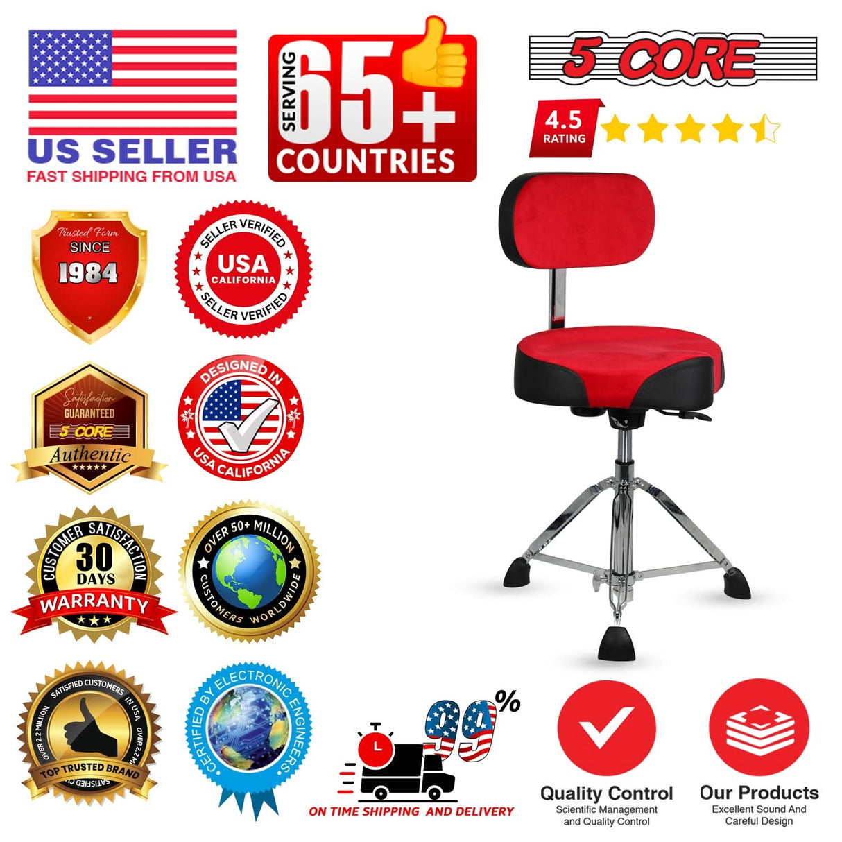 5 Core Drum Throne w Backrest 4" Padded Stool Airlift 25" Adjustable Drummer Stool 441Lb Capacity