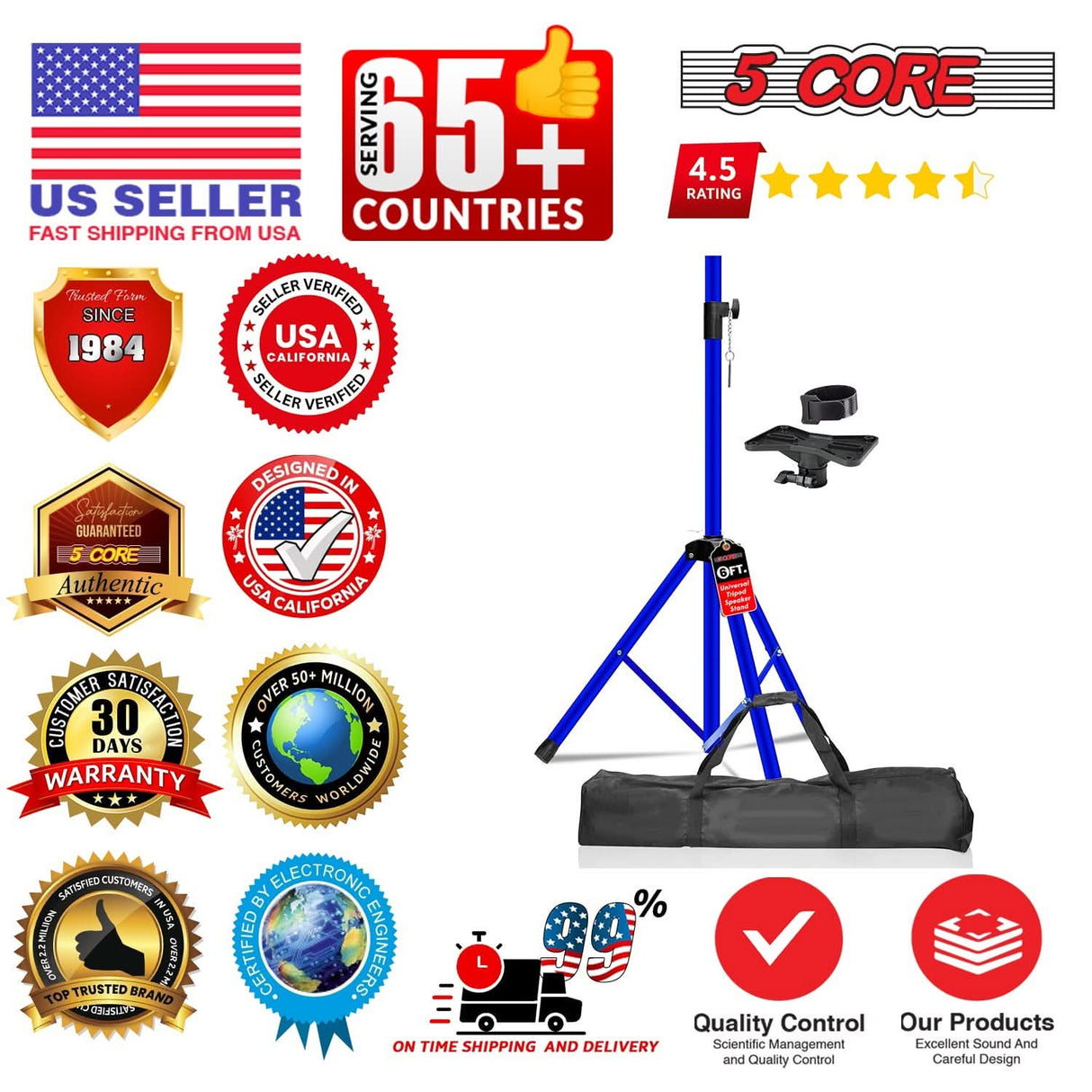 5 Core Speaker Stand Pair Height Adjustable PA DJ Tripod Studio Monitor Stands w 35mm Insert