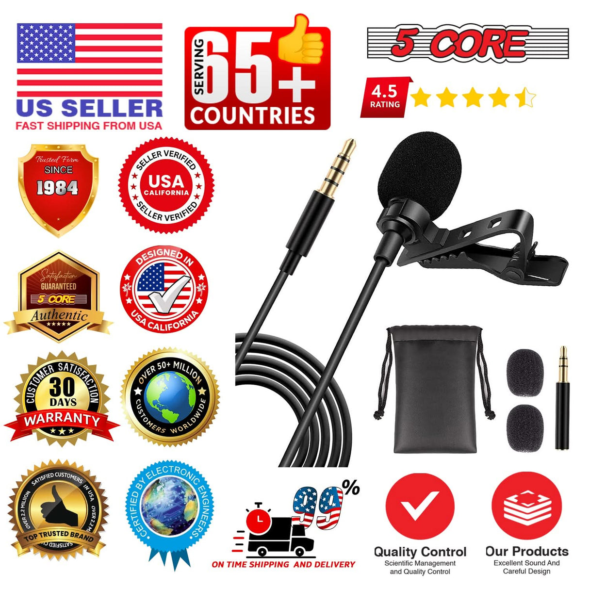 5 Core Microphone 2Pcs Lavalier Mic Wearable Omnidirectional Condenser 3.5mm Body Microfono