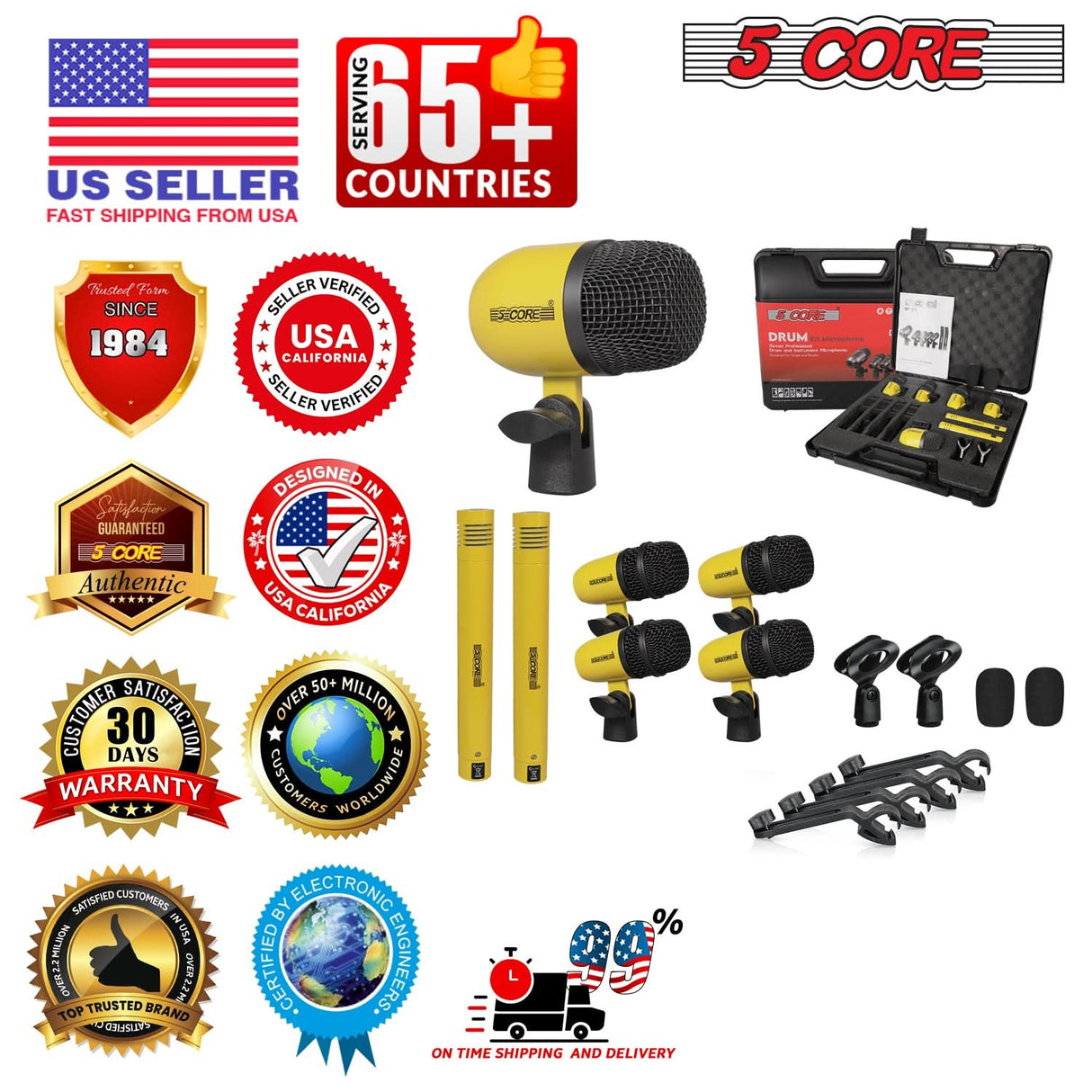 5 Core Drum Microphone Kit 7 Piece All Metal Drummer Instrument Mics Tom/Snare & Cymbals Set