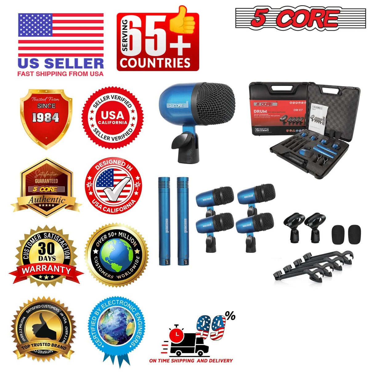 5 Core Drum Microphone Kit 7Pc All Metal Drummer Mics Tom/Snare & Cymbals Wired Instrument Drums Set