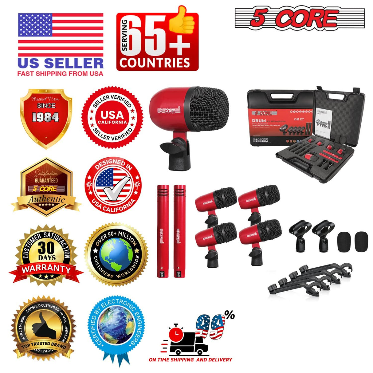 5 Core Drum Microphone Kit 7 Piece All Metal Drummer Instrument Mics Tom/Snare & Cymbals Set