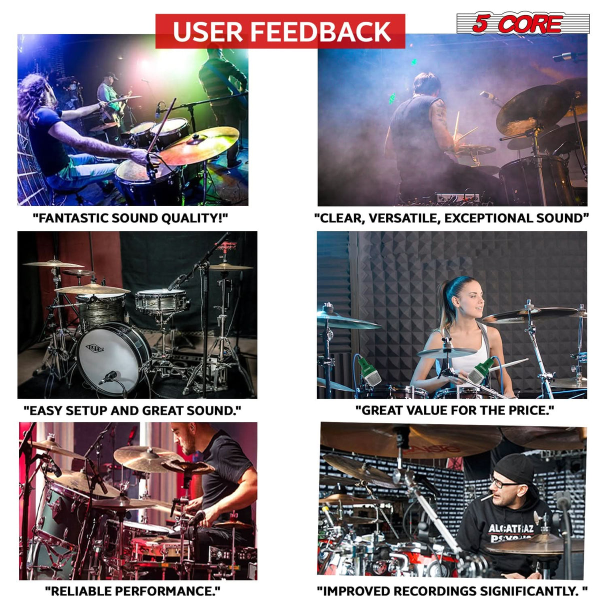 5 Core Drum Microphone Kit 9Pc All Metal Drummer Mics Tom/Snare & Cymbals Wired Instrument Drums Set