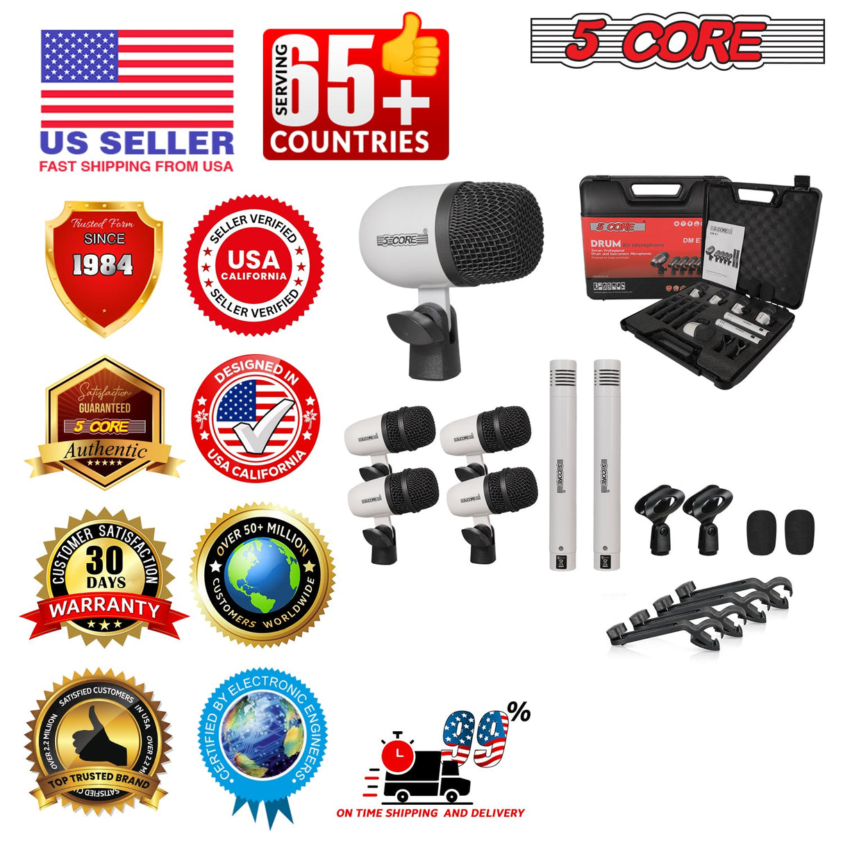 5 Core Drum Microphone Kit 7Pc All Metal Drummer Mics Tom/Snare & Cymbals Wired Instrument Drums Set